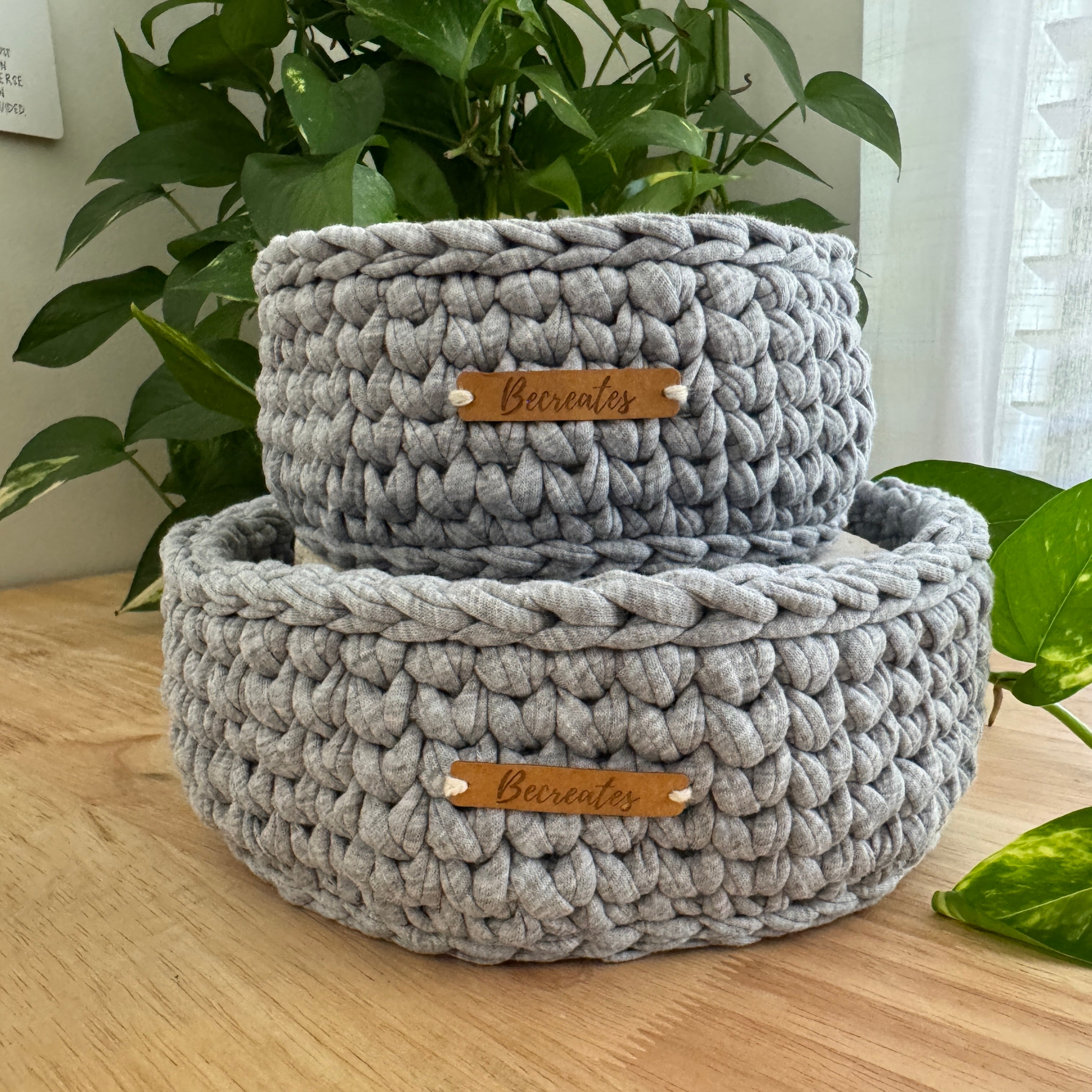 Handmade Basket Set | Grey Marle | Recycled Tshirt yarn | Large and Small