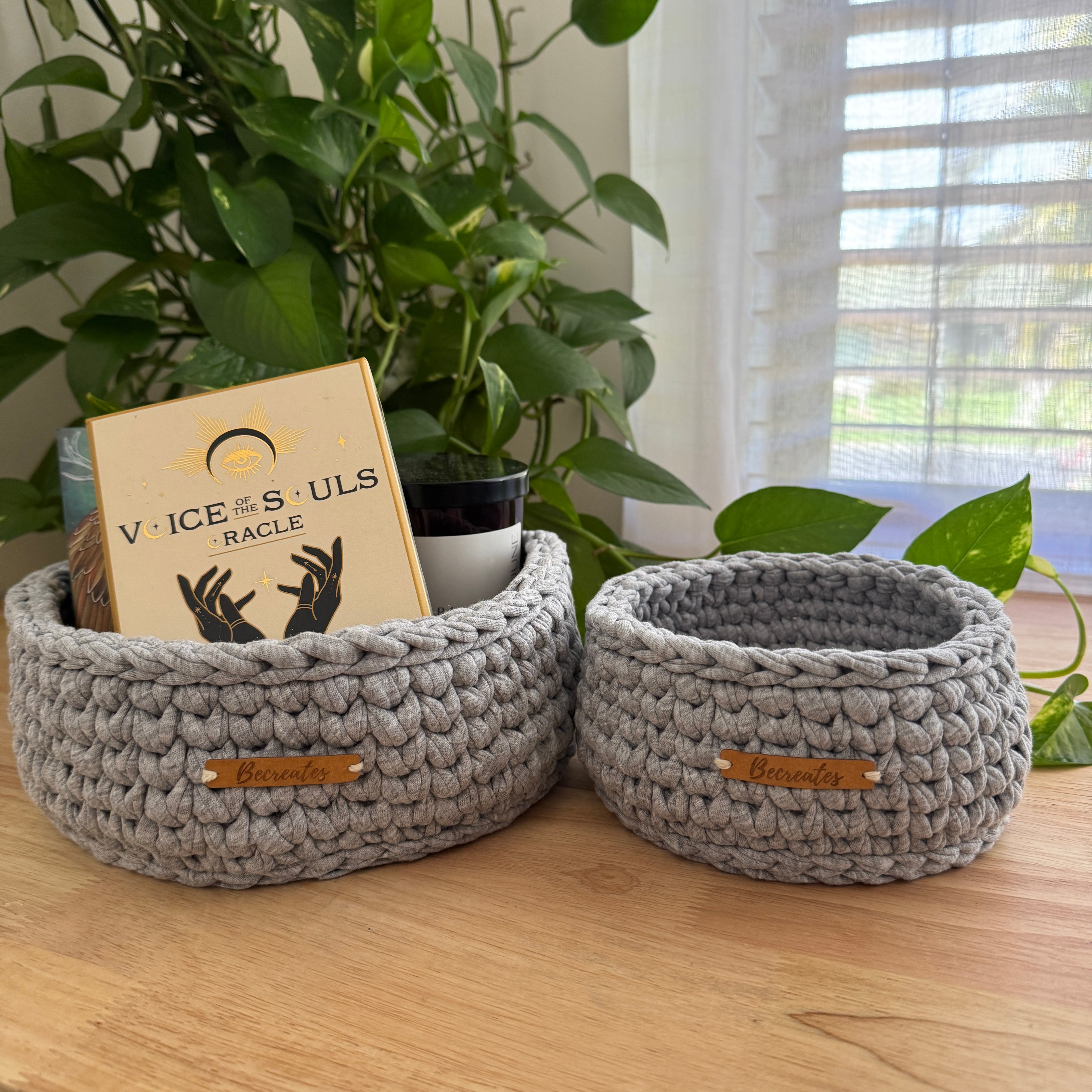 Handmade Basket Set | Grey Marle | Recycled Tshirt yarn | Large and Small