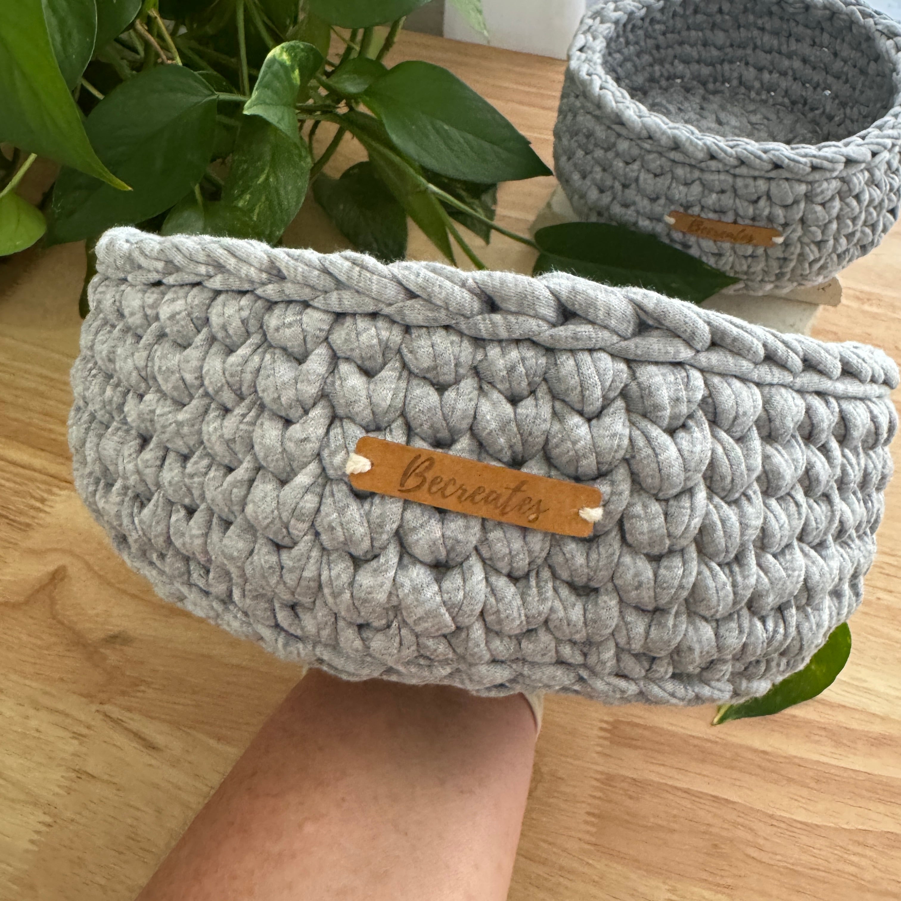 Handmade Basket Set | Grey Marle | Recycled Tshirt yarn | Large and Small