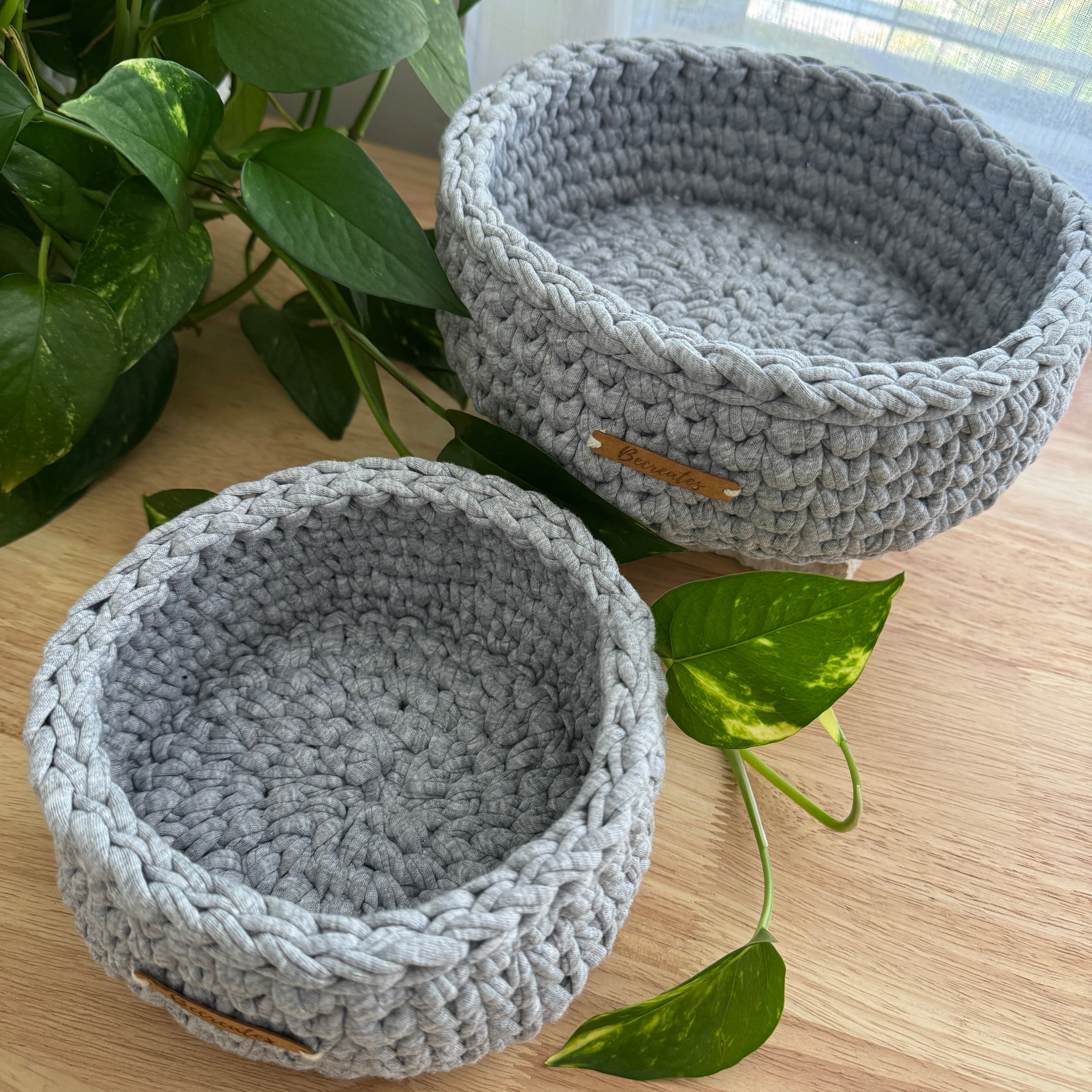 Handmade Basket Set | Grey Marle | Recycled Tshirt yarn | Large and Small