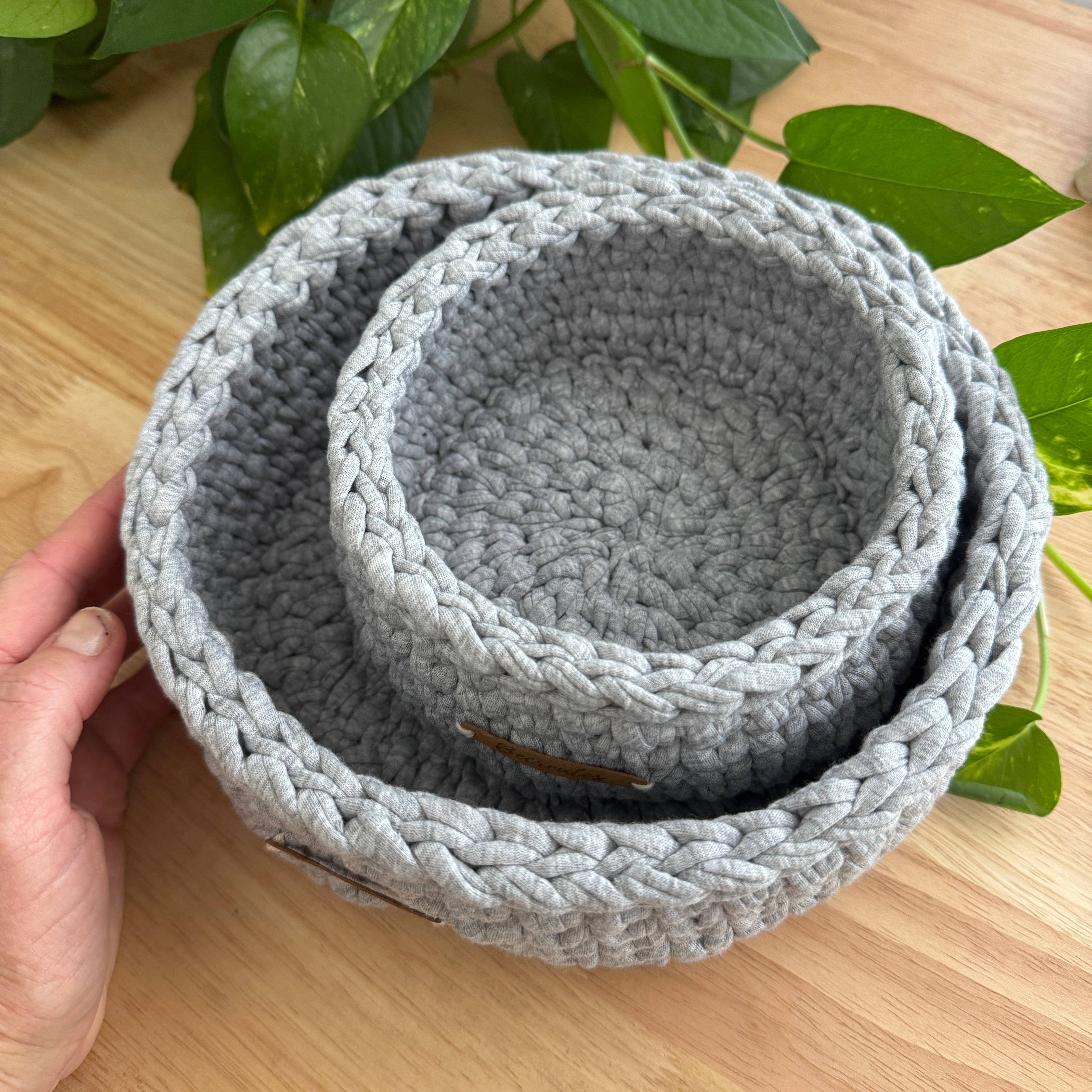 Handmade Basket Set | Grey Marle | Recycled Tshirt yarn | Large and Small