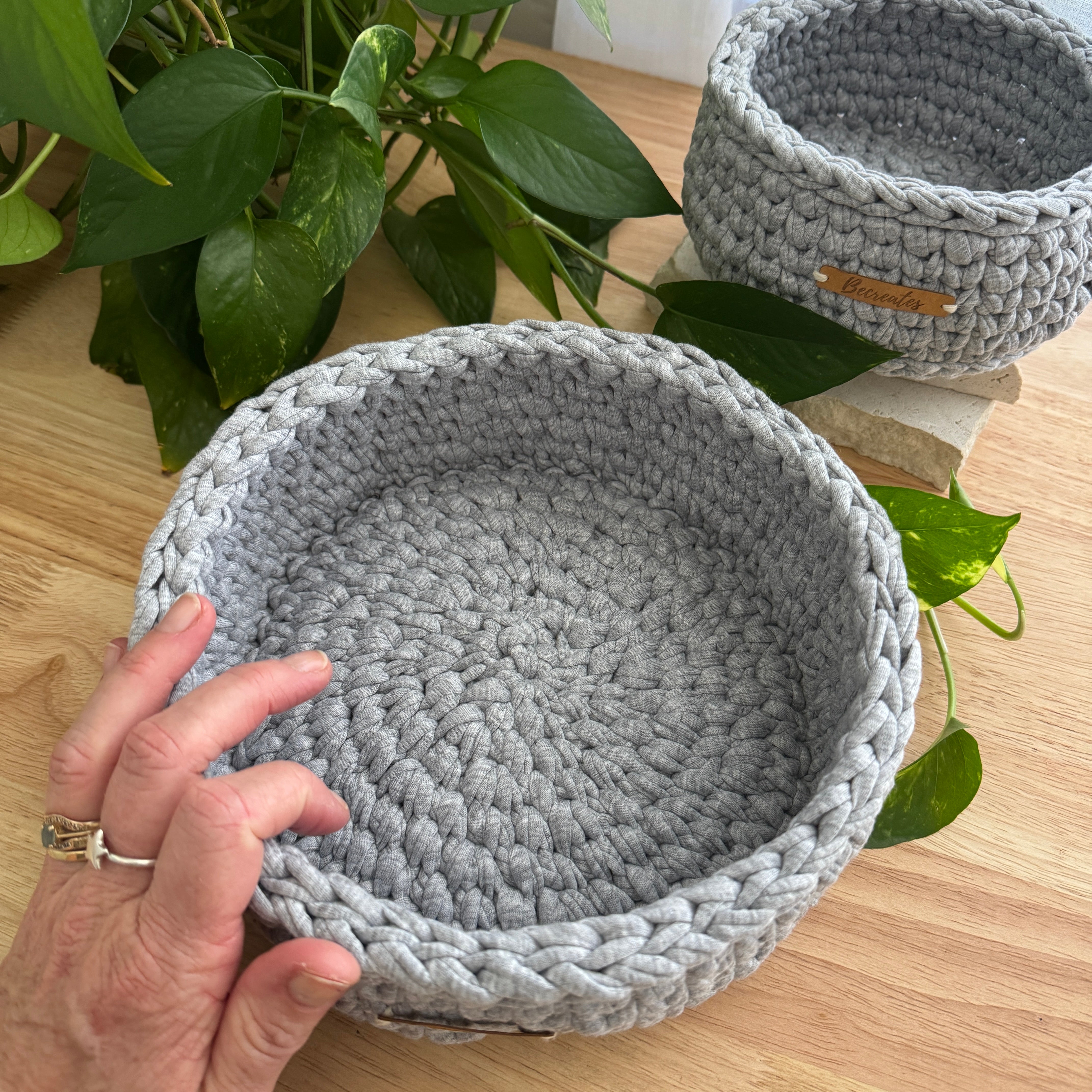 Handmade Basket Set | Grey Marle | Recycled Tshirt yarn | Large and Small