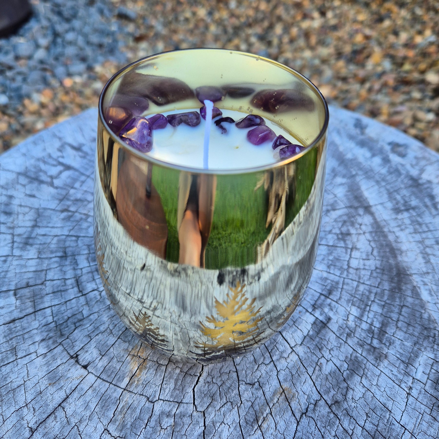 Gold christmas tree glass jar candle with amethyst and lavender