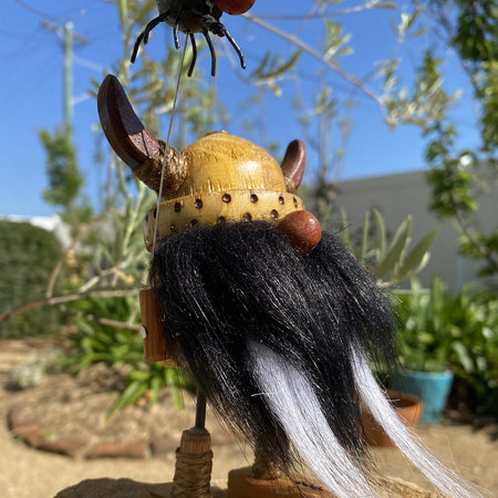 Handmade Wooden Viking Figurine with Pet Fly