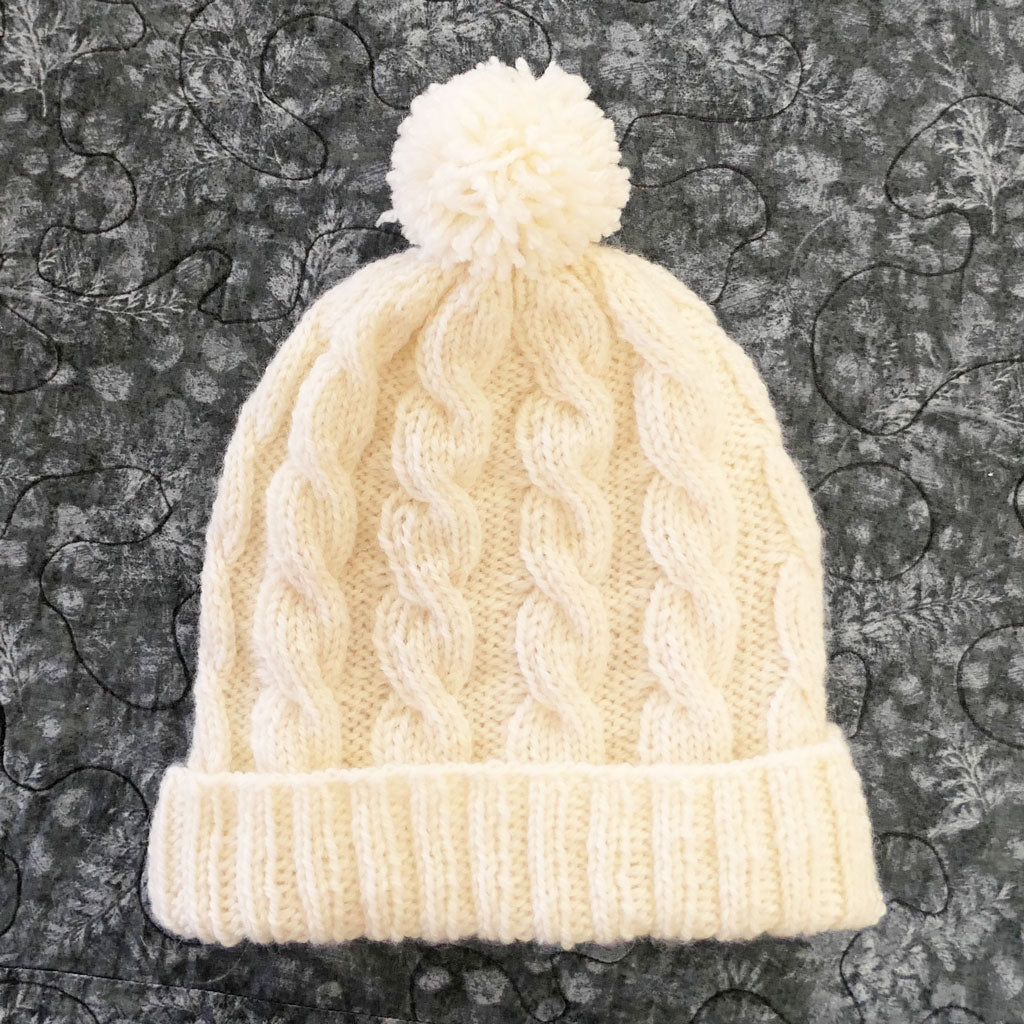 Beanie: Adult, handmade, woollen.  Cabled design. White, Unisex