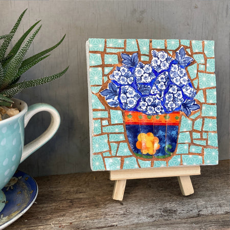Mini Mosaic Artwork -  Flowers / Teal Background - Upcycled Crockery