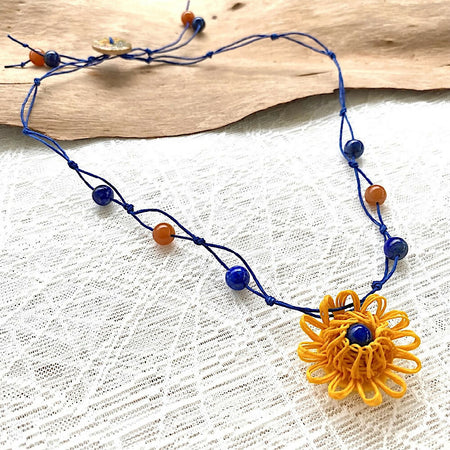 Necklace Knotted Gemstone Beads Flower Pendant
