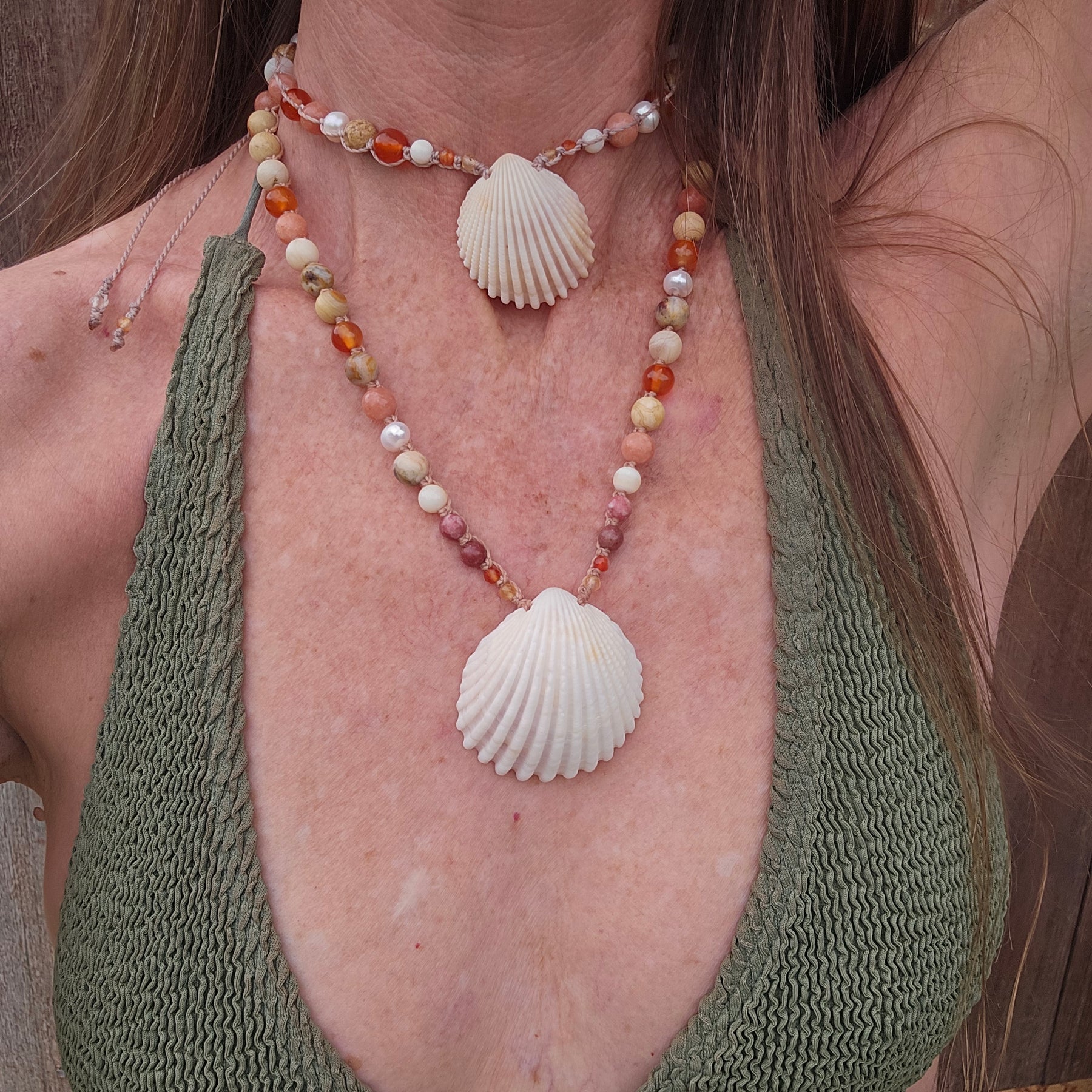 Cockle Shell Necklace Adjustable with Pearls and Gemstones