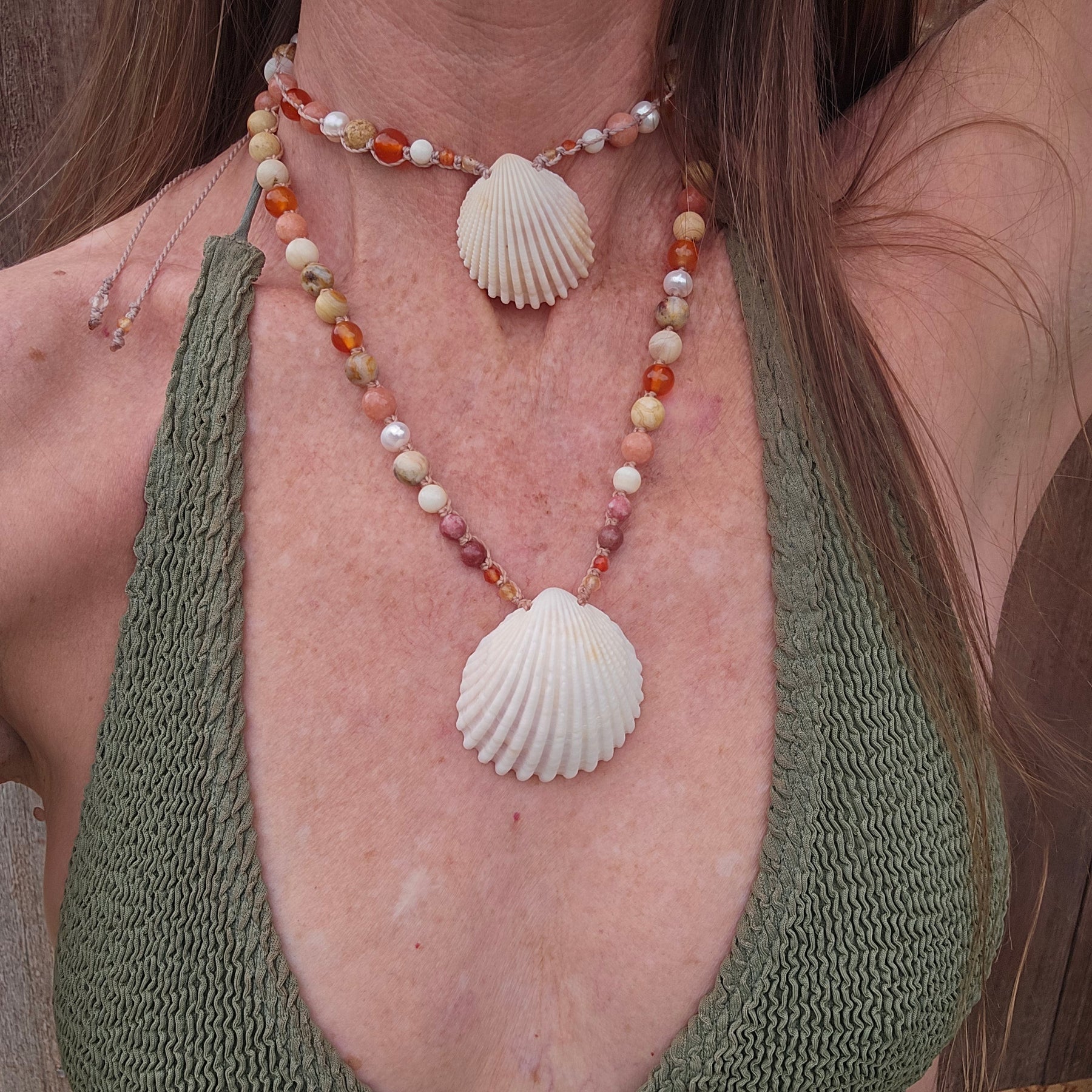 Cockle Shell Necklace Adjustable with Pearls and Rare Ocean Agate