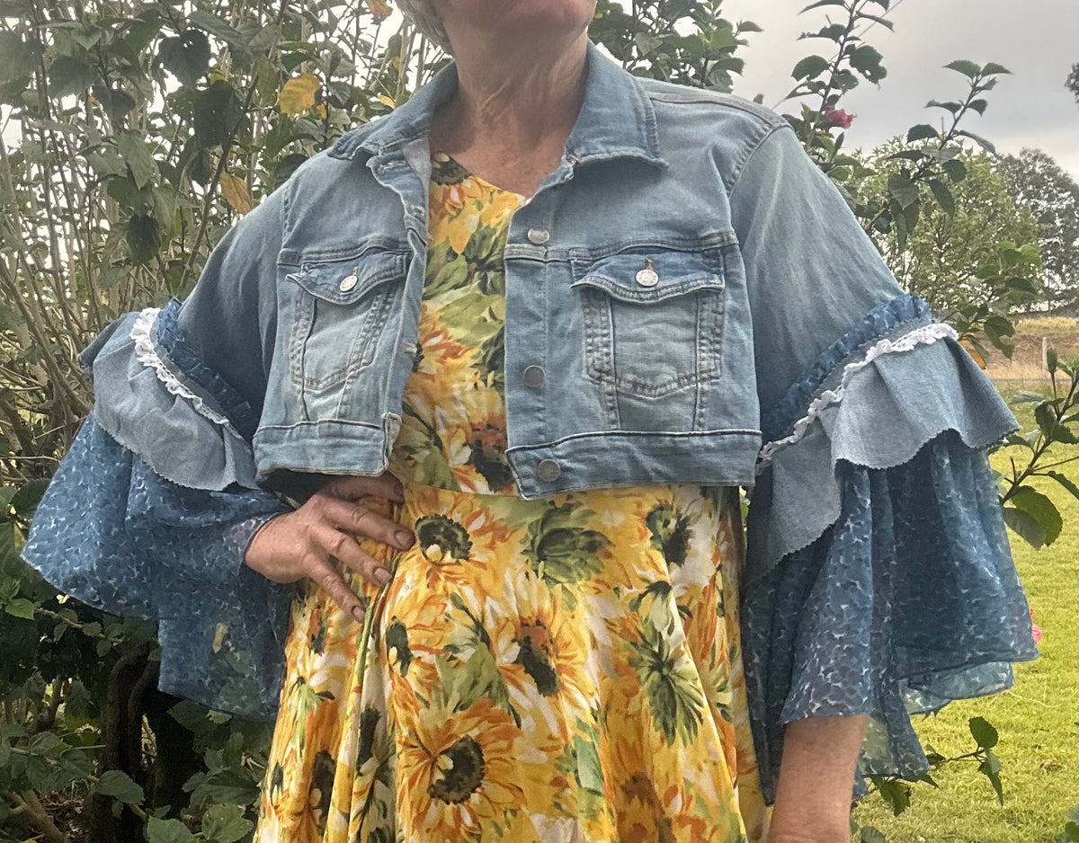 Upcycled Denim Jacket Full Chiffon Sleeves