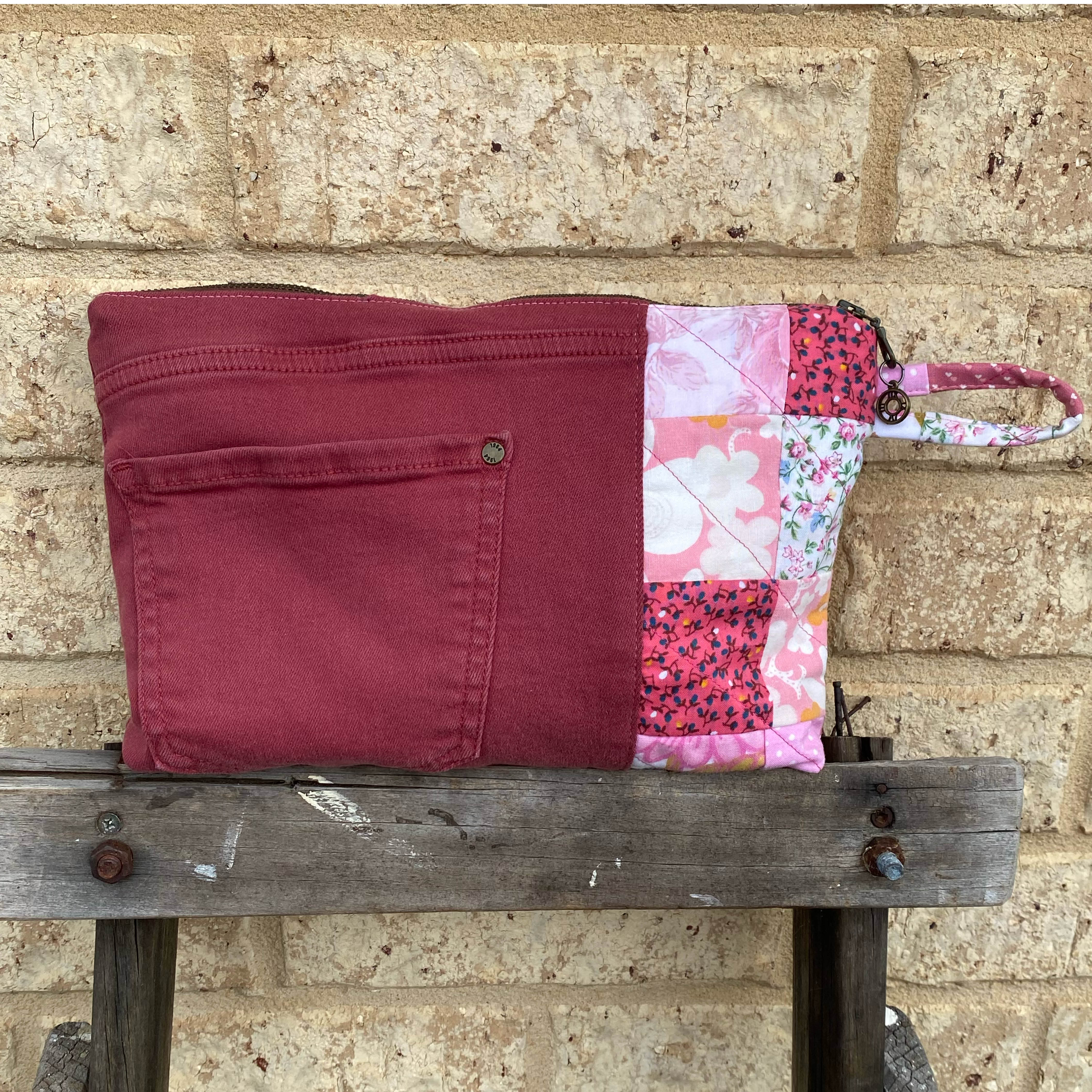 Dusty Denim Pouch Cosmetic Everyday Bag Upcycled Vintage Fabrics & Denim