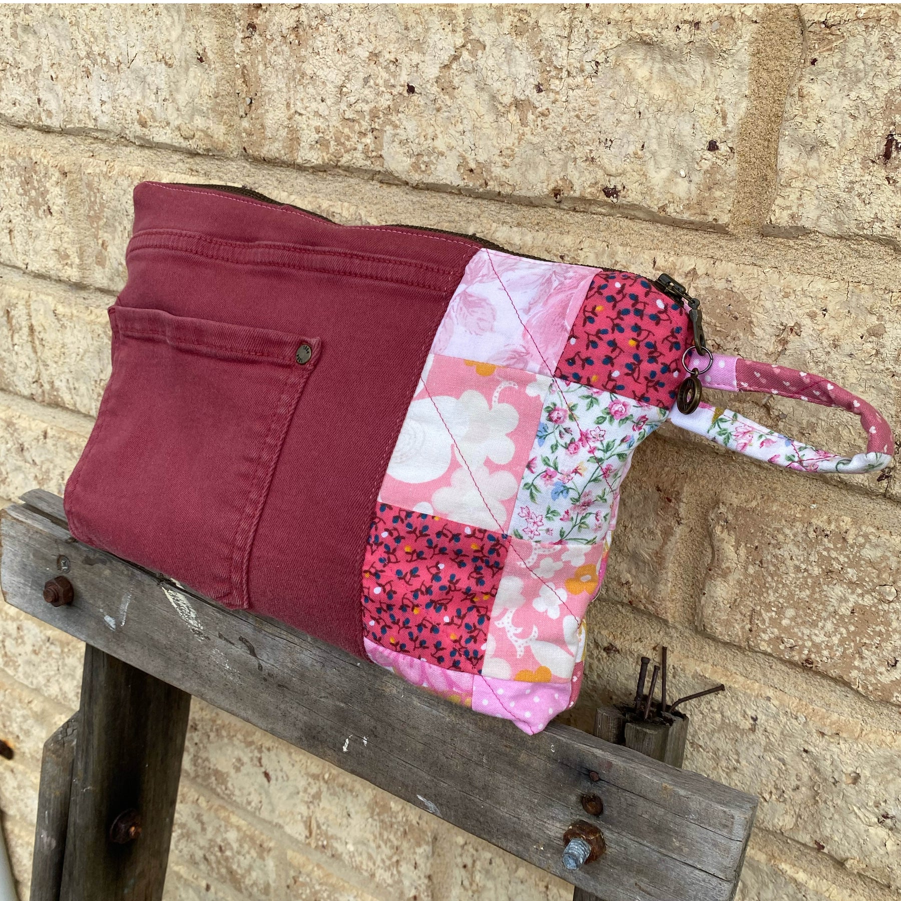 Dusty Denim Pouch Cosmetic Everyday Bag Upcycled Vintage Fabrics & Denim