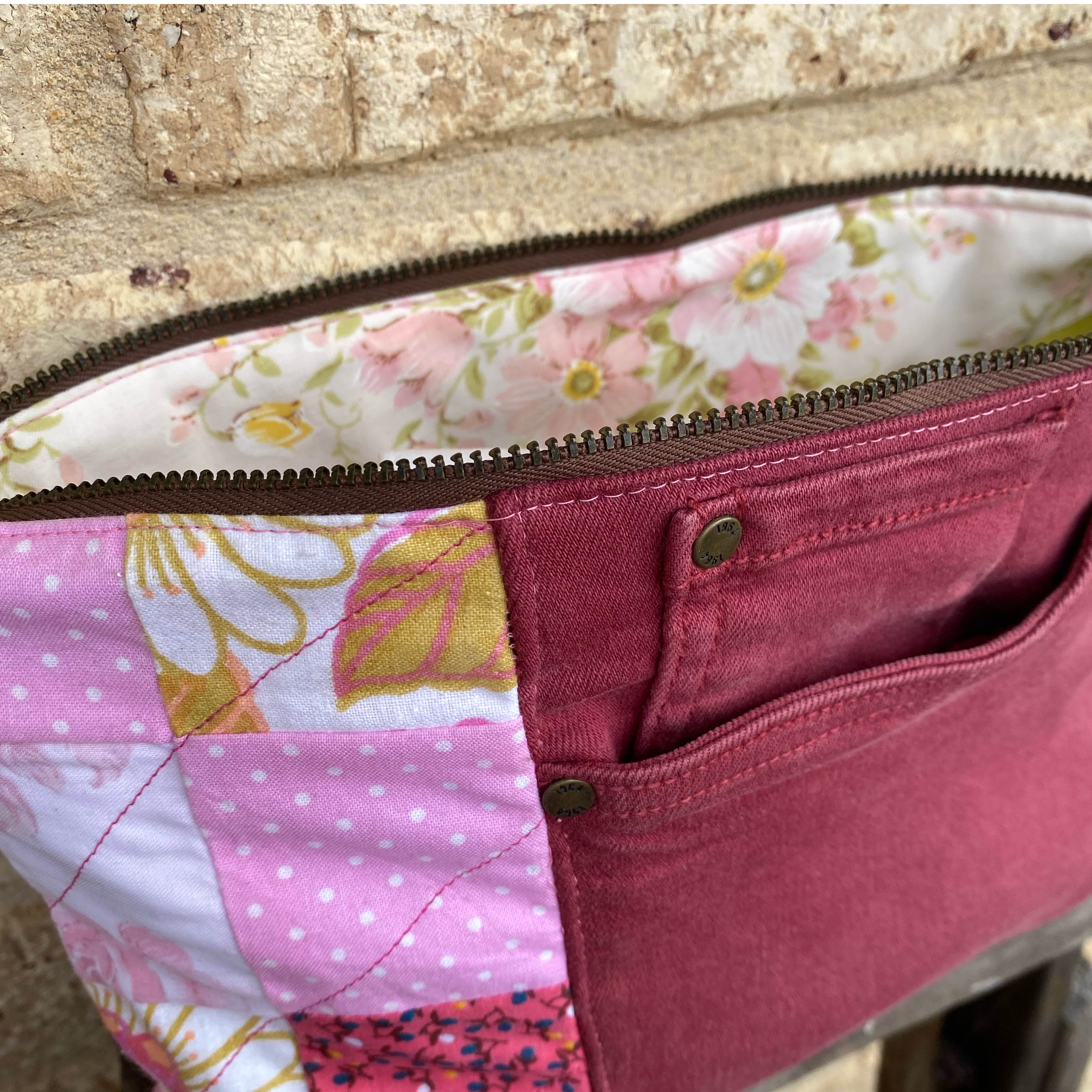 Dusty Denim Pouch Cosmetic Everyday Bag Upcycled Vintage Fabrics & Denim