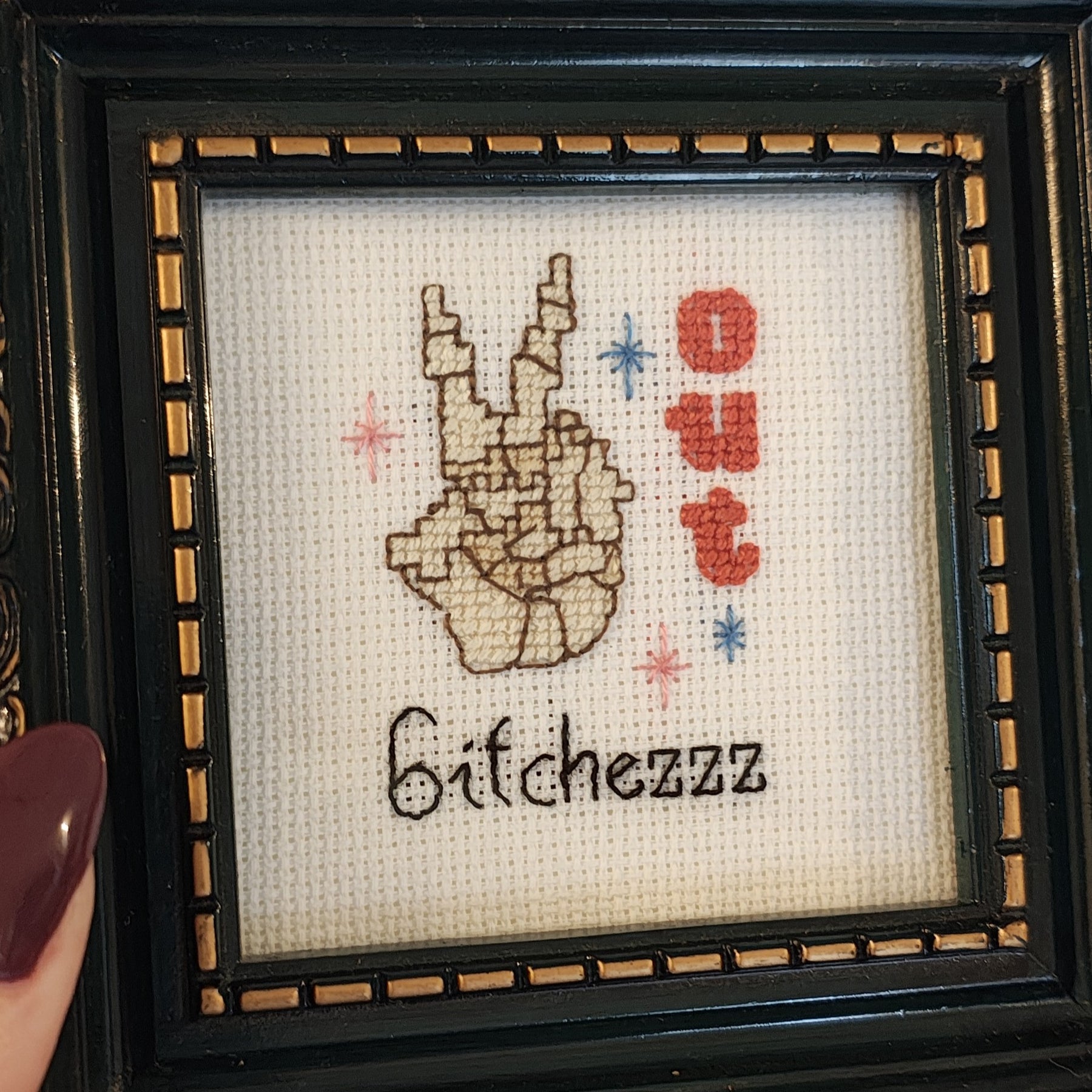 "Peace Out" framed cross stitch