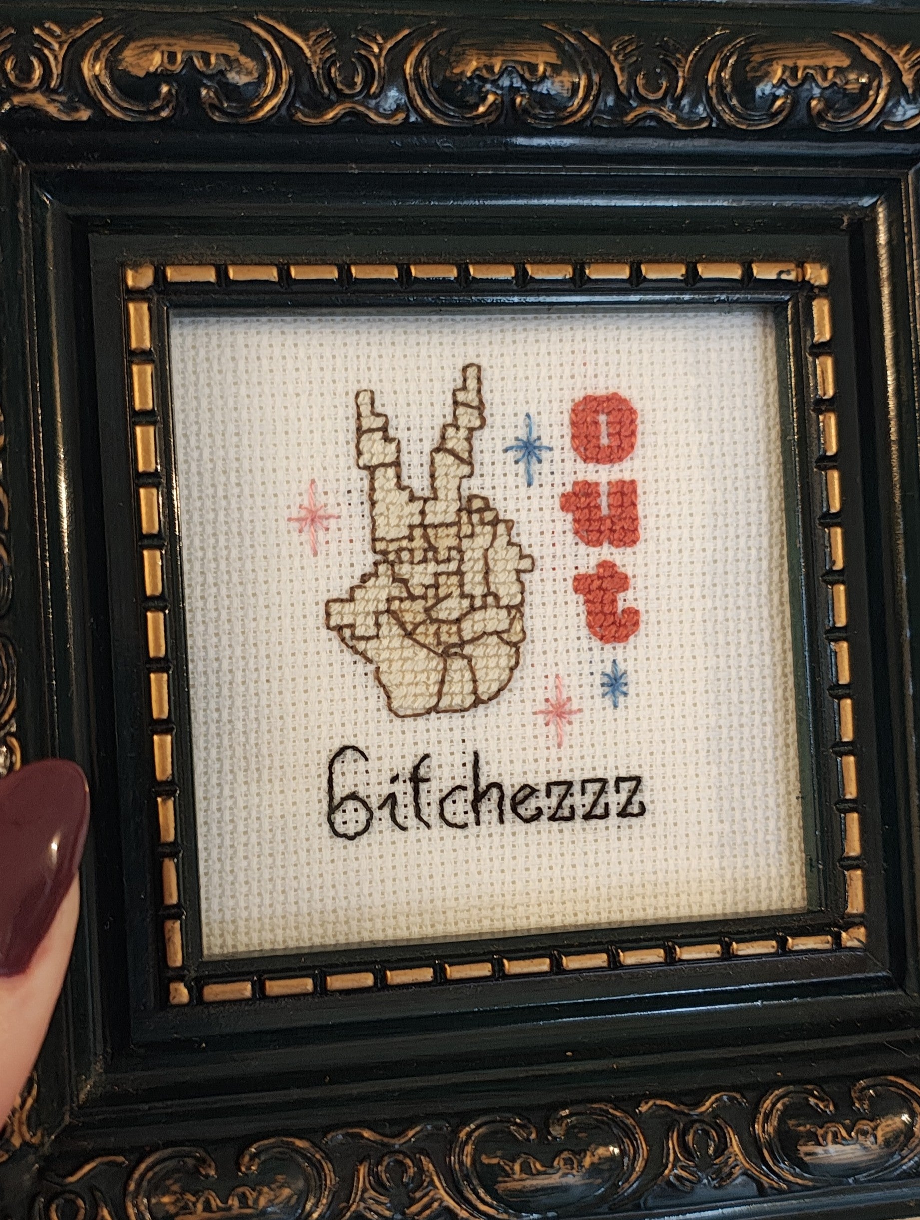 "Peace Out" framed cross stitch