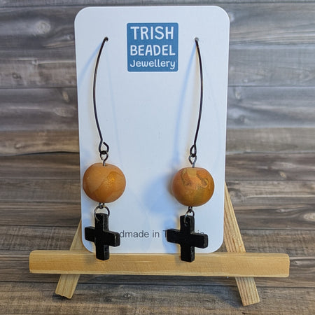 Black cross drop ball earrings
