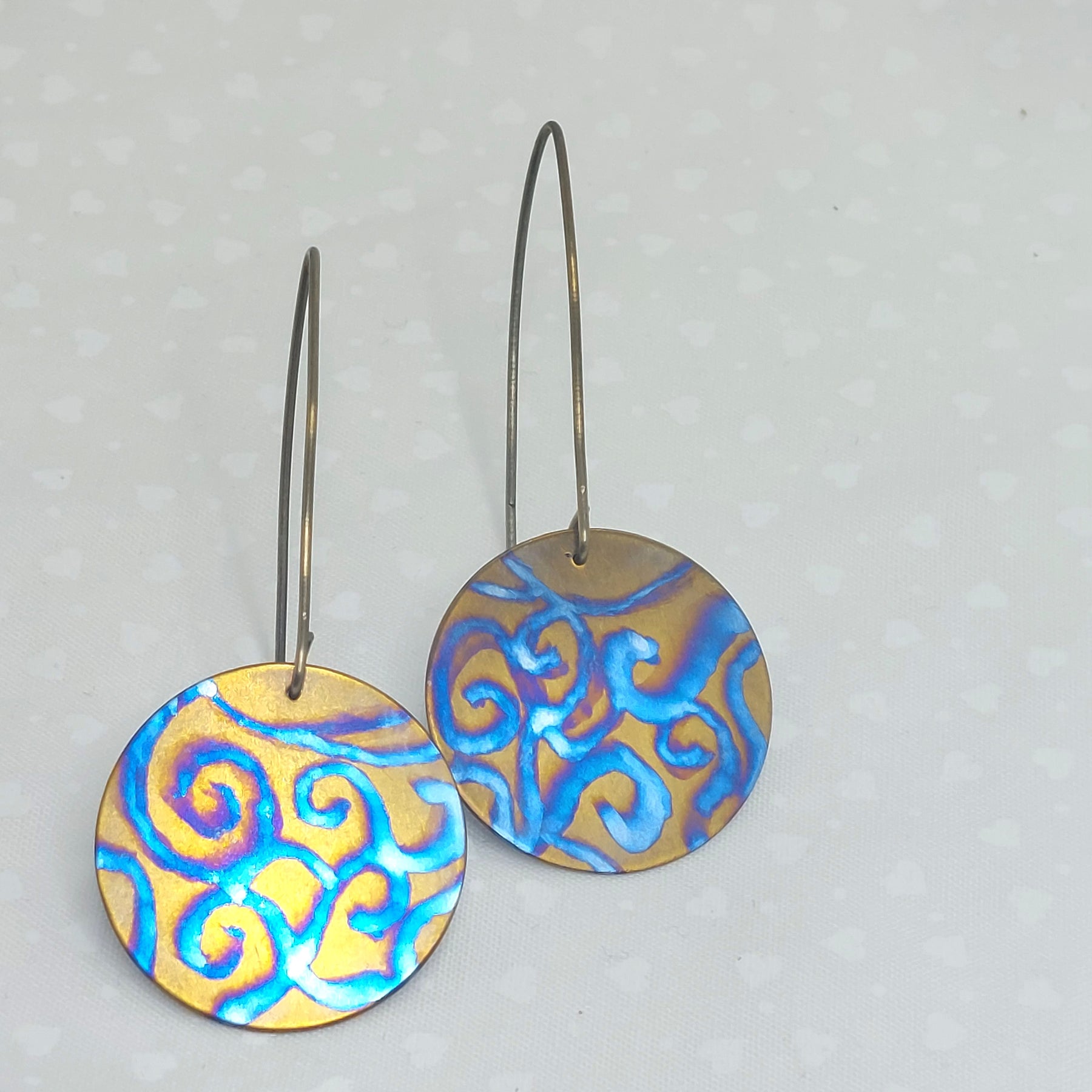 Titanium Disc Earrings- Watercolour Swirls Bronze Titanium Hooks