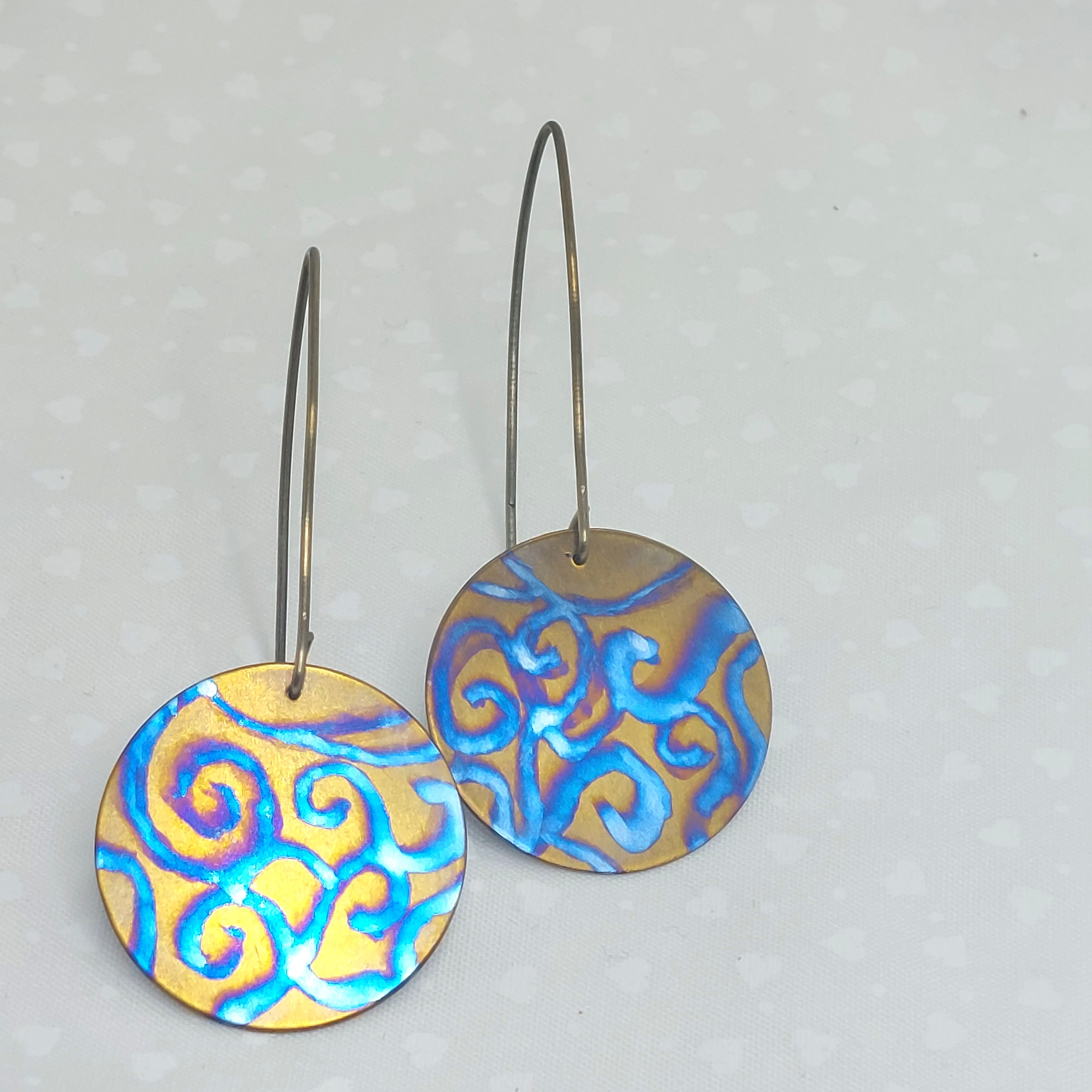 Titanium Disc Earrings- Watercolour Swirls Bronze Titanium Hooks