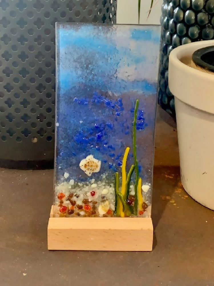 Handmade Fused Glass Turtle and Fish Sun Catcher on Wooden Stand