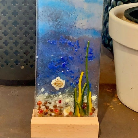 Handmade Fused Glass Turtle and Fish Sun Catcher on Wooden Stand
