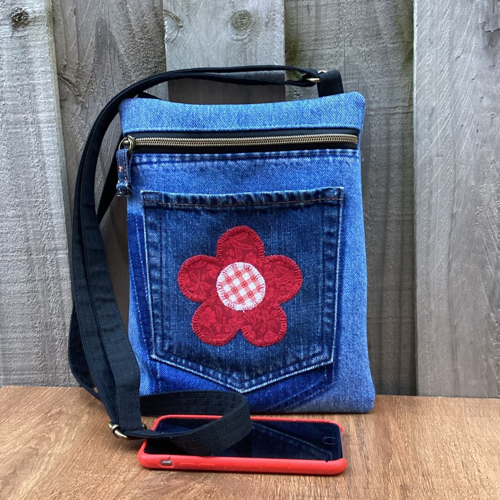 Upcycled Denim Crossbody Bag - Red Flower