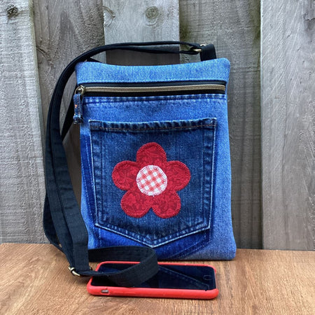 Upcycled Denim Crossbody Bag - Red Flower