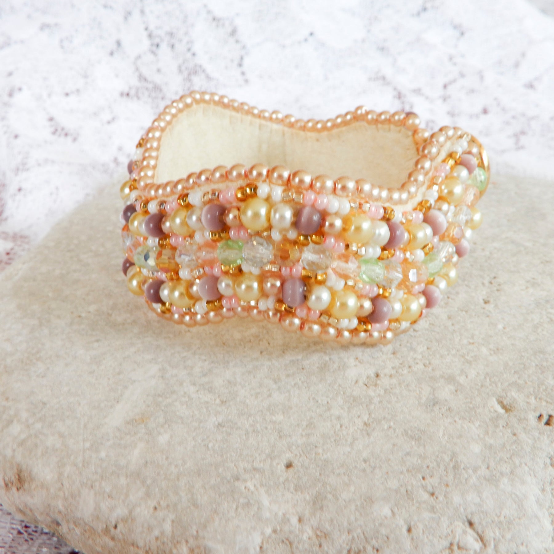 Pink & Gold Bead Embroidered Bracelet