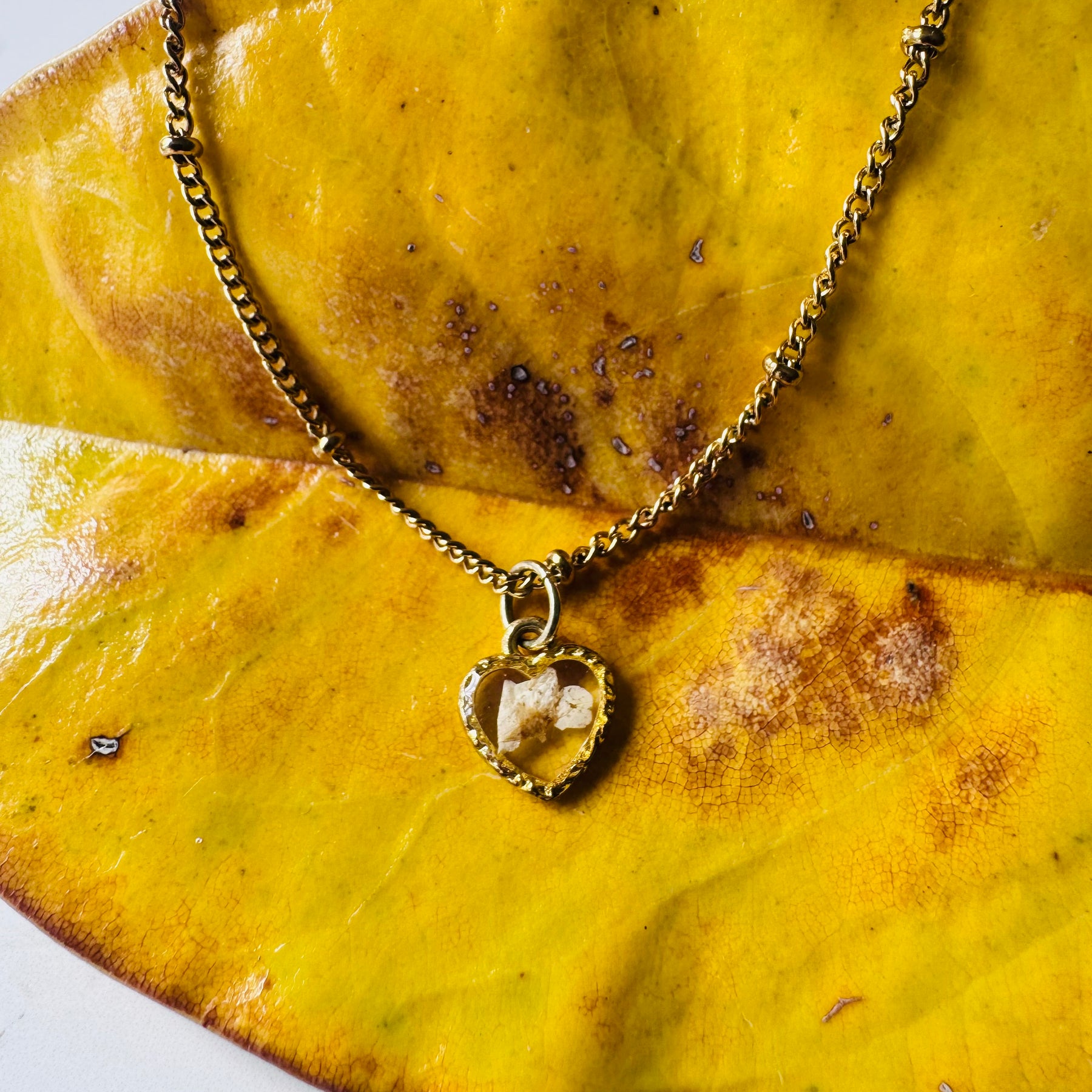 Gold plated resin necklace with white wildflower