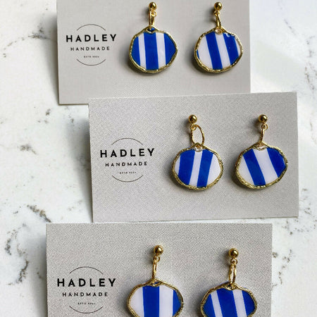 Cornflower Blue Stripe Gold Circle Dangle Earring