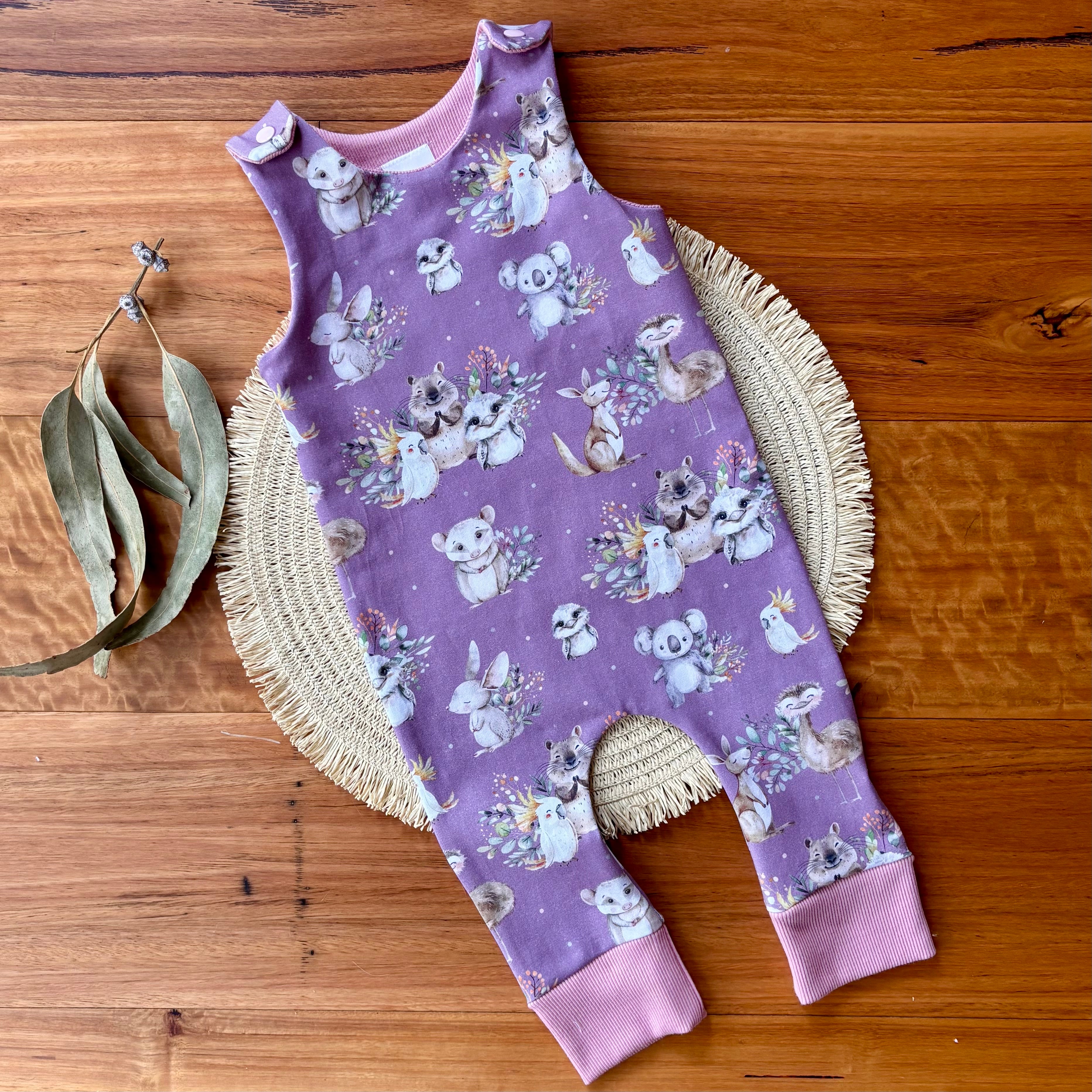 Baby Stretch Overalls - Purple Australian Animals