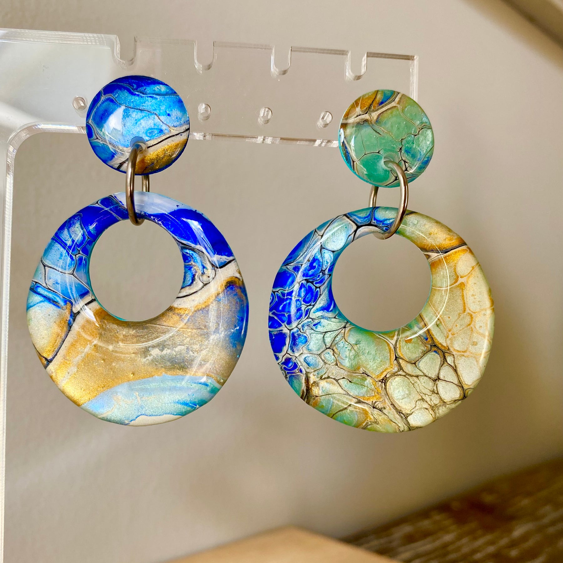 Hand Painted Turquoise Ultramarine Stud Dangle Earrings