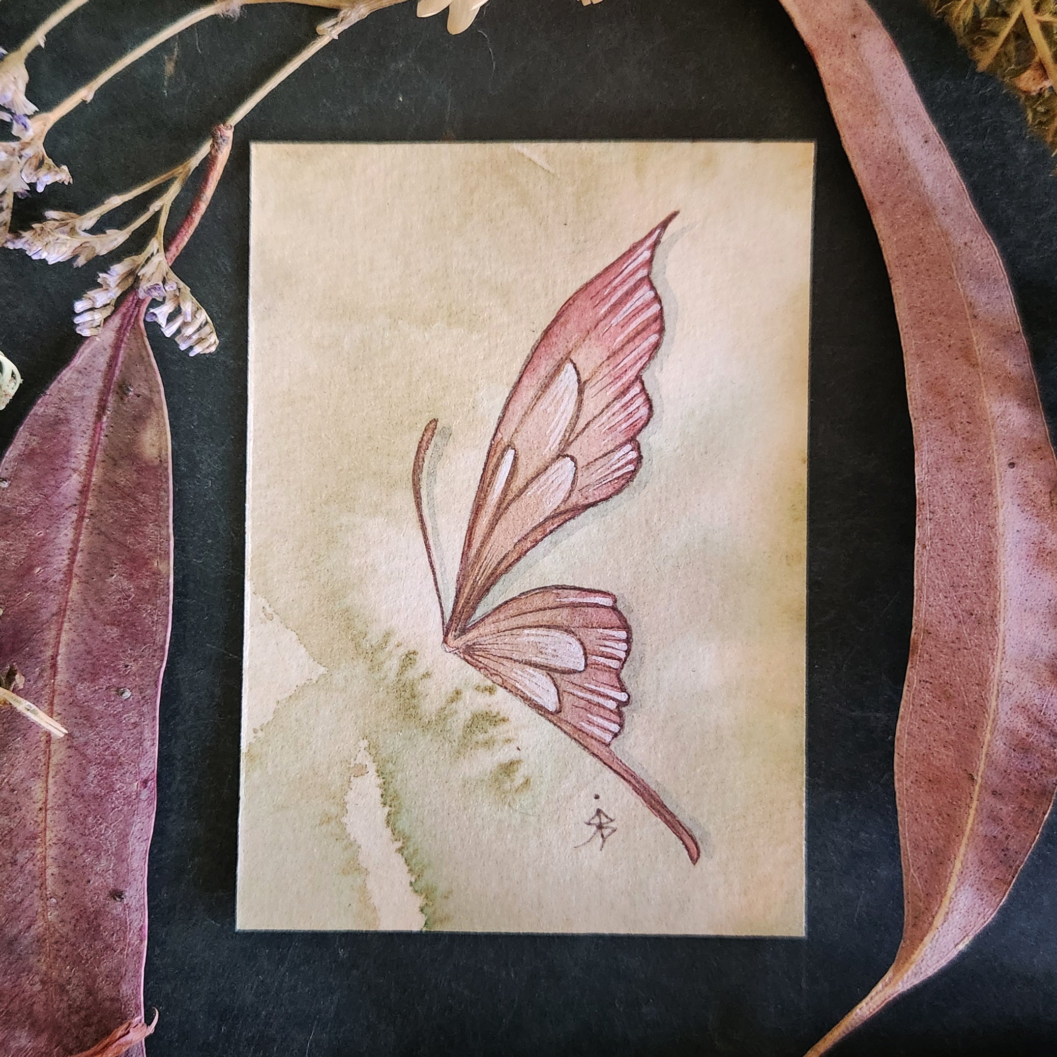 ACEO Mini Watercolour Artwork Original Art Card Collectable - Pink Faery Wing