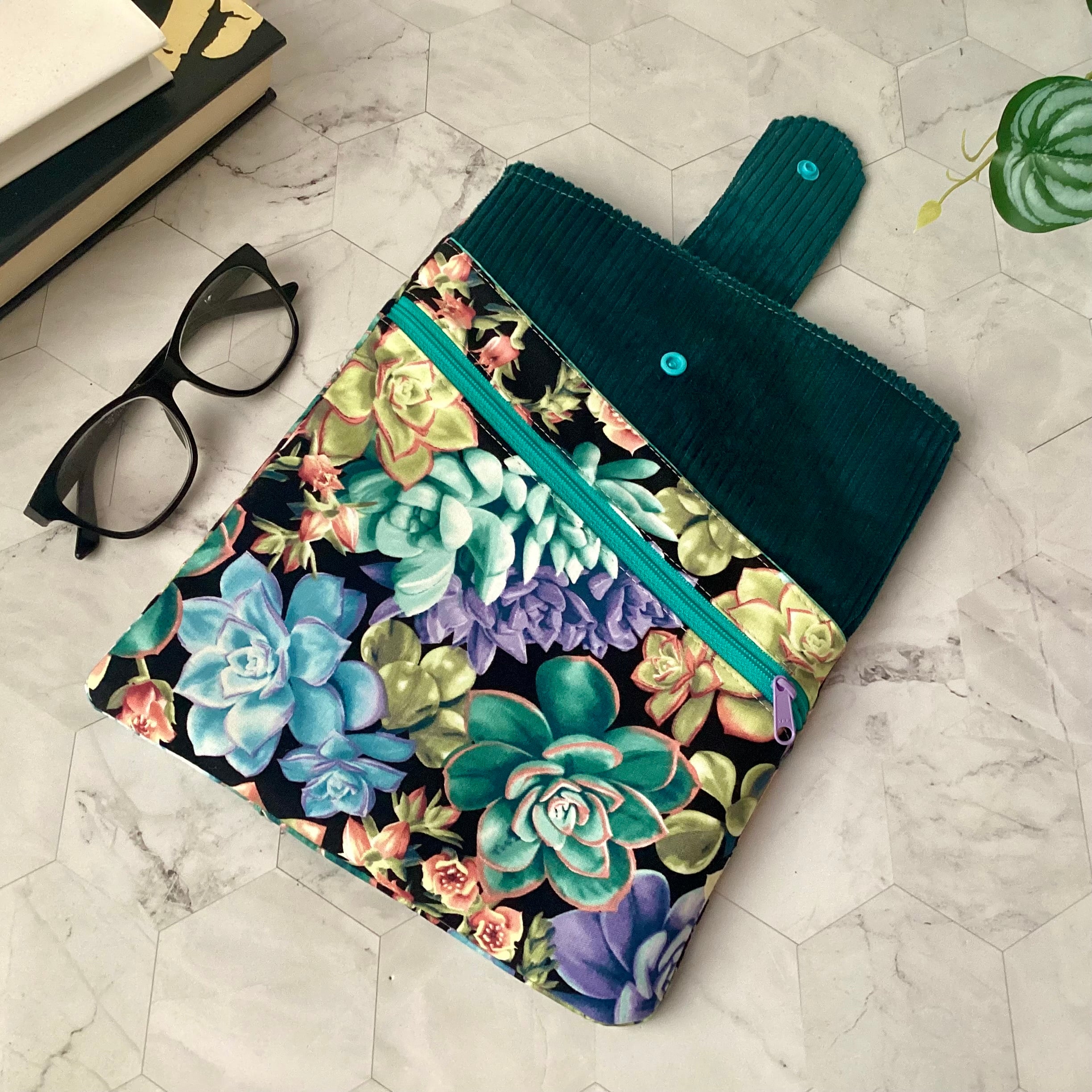 Succulent plants fabric book sleeve with 2 pockets. iPad, tablet pouch