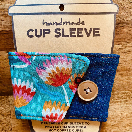 Upcycled Coffee Cup Sleeve reversible - Denim/Bright