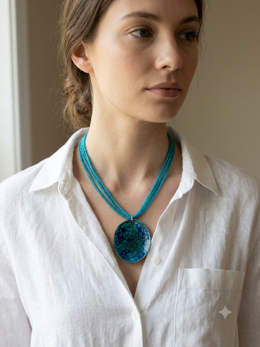 Turquoise pendant. Enamel and seed beads.