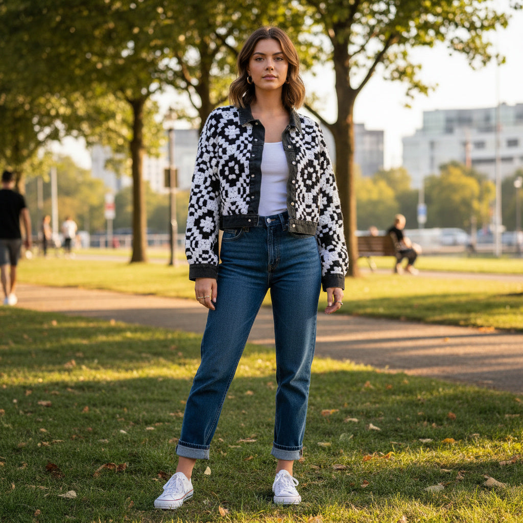 Reversible Granny Square Crochet Denim Jacket — One of a Kind Handmade Wearable Art