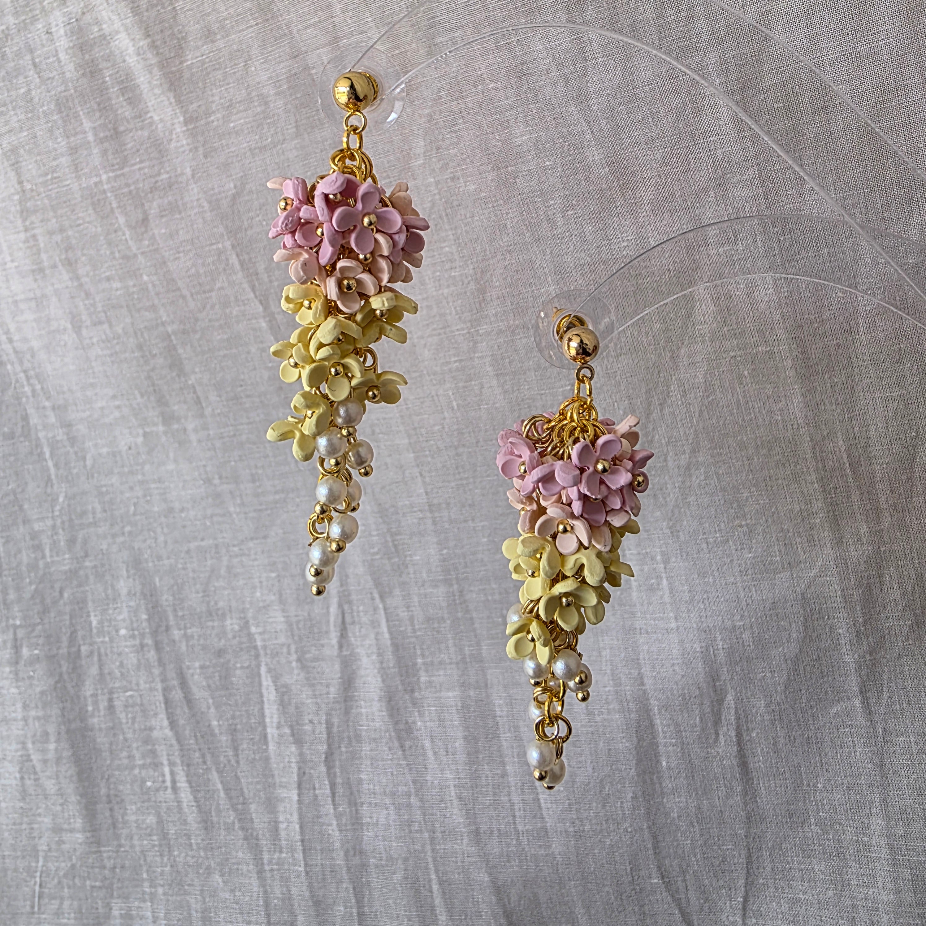 Blush Cascade Floral Earrings | Handmade Polymer Clay Flower Earrings | Gold Dangle Earrings | Statement Earrings | Bridal & Wedding Guest Jewellery