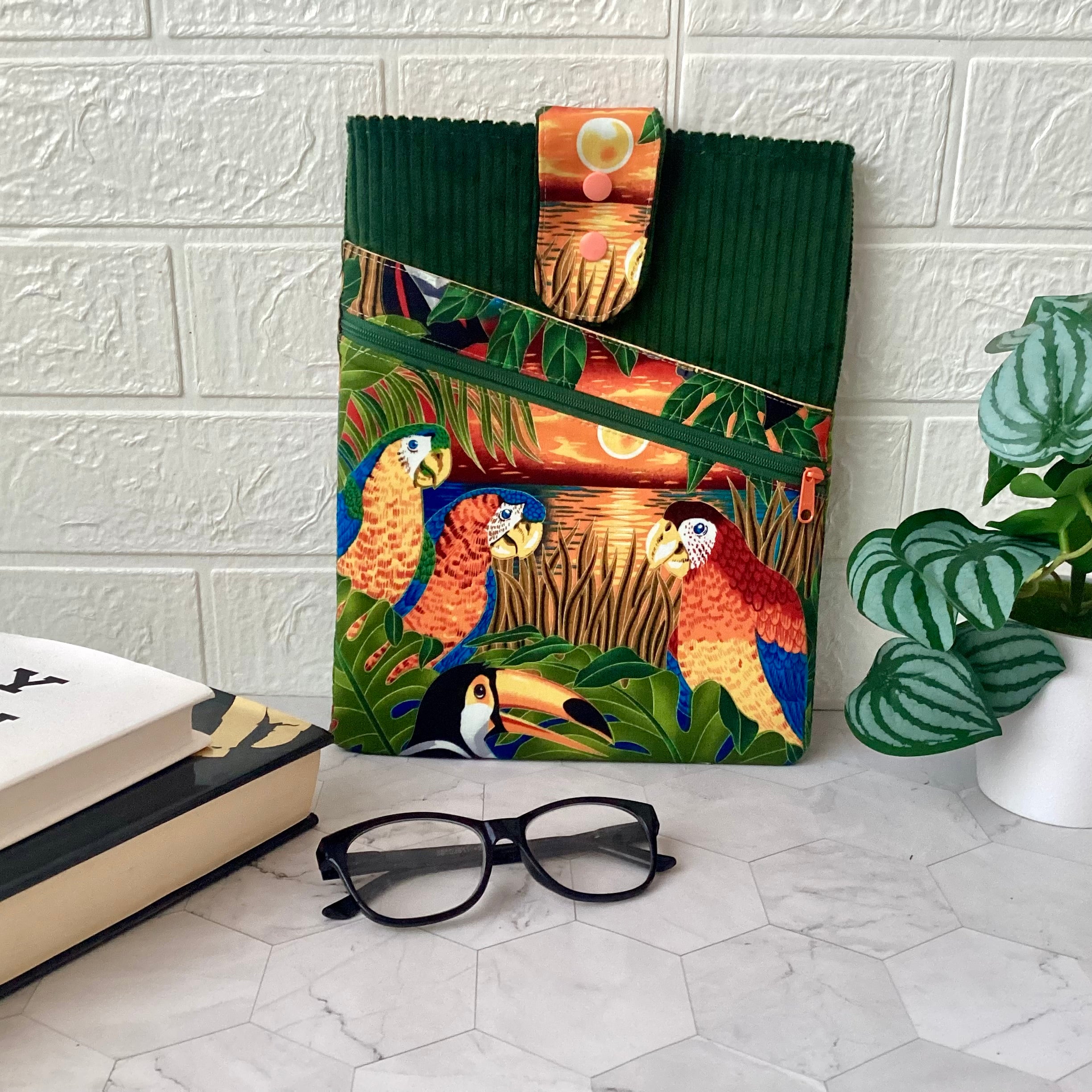 Parrots and Toucan fabric book sleeve with 2 pockets. iPad, tablet pouch