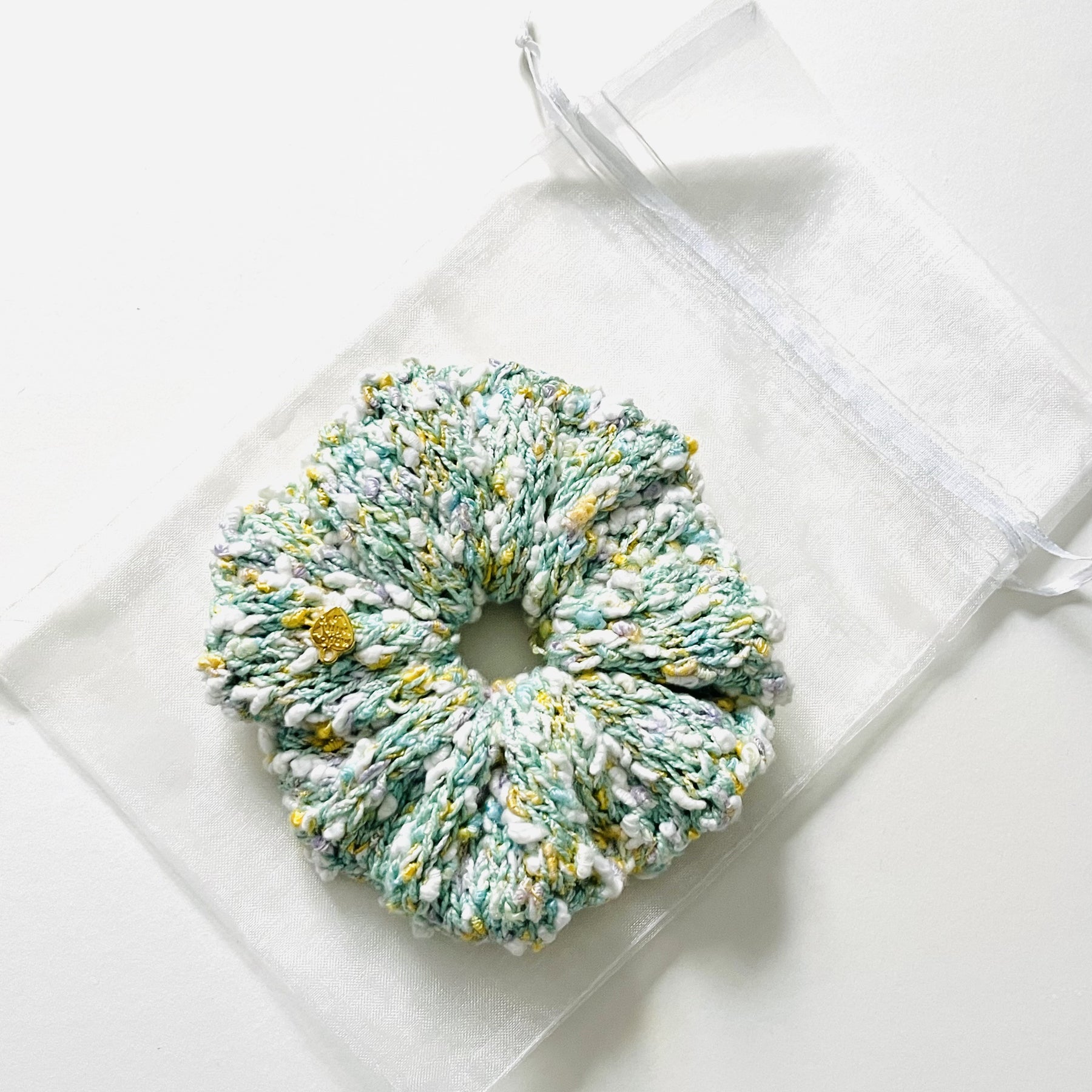 Artisan Statement Knitted Scrunchie | Gift Ready | Mint Green Speckled | Handmade | One of a Kind