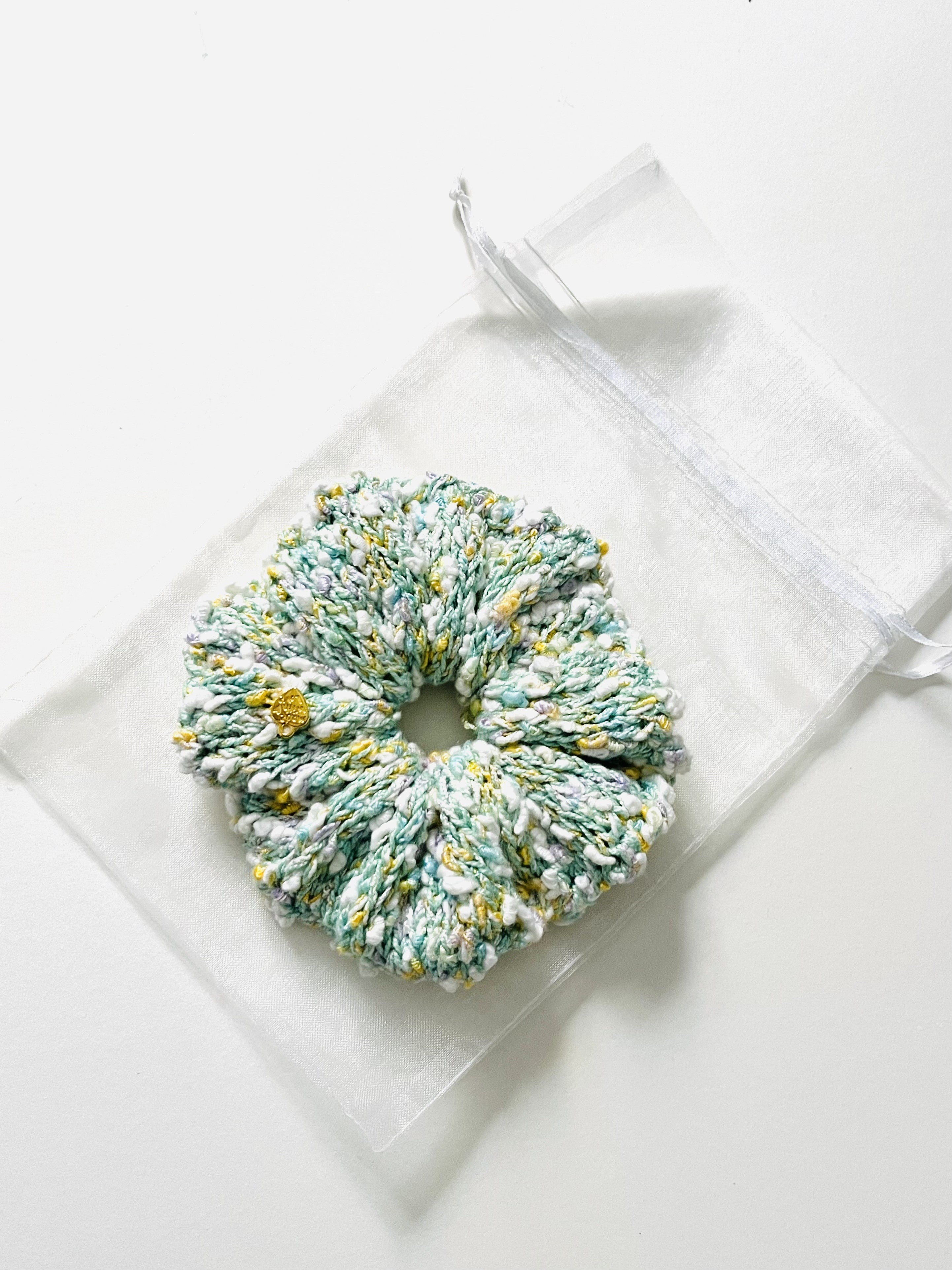 Artisan Statement Knitted Scrunchie | Gift Ready | Mint Green Speckled | Handmade | One of a Kind