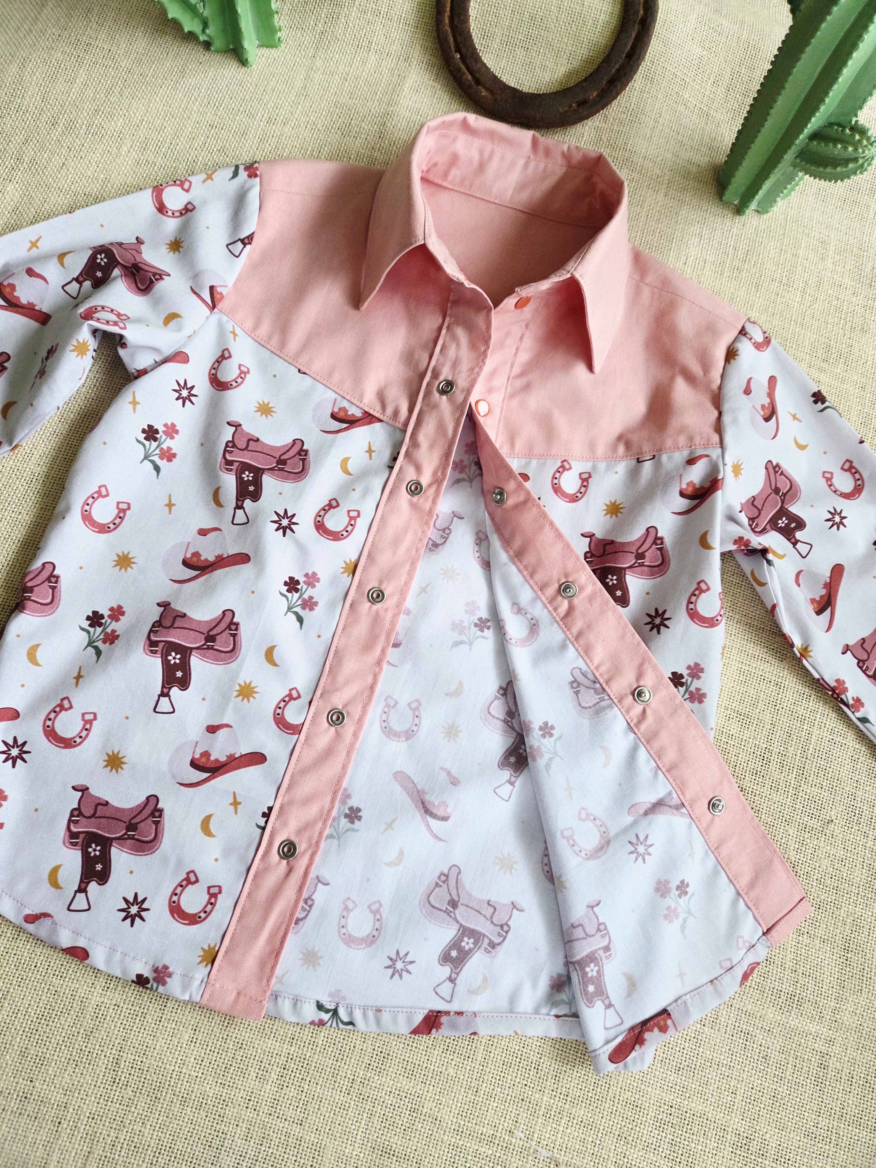 "Little Cowgirl" — Western-Rodeo Themed Button‑Up Shirt (Size 5 Years)