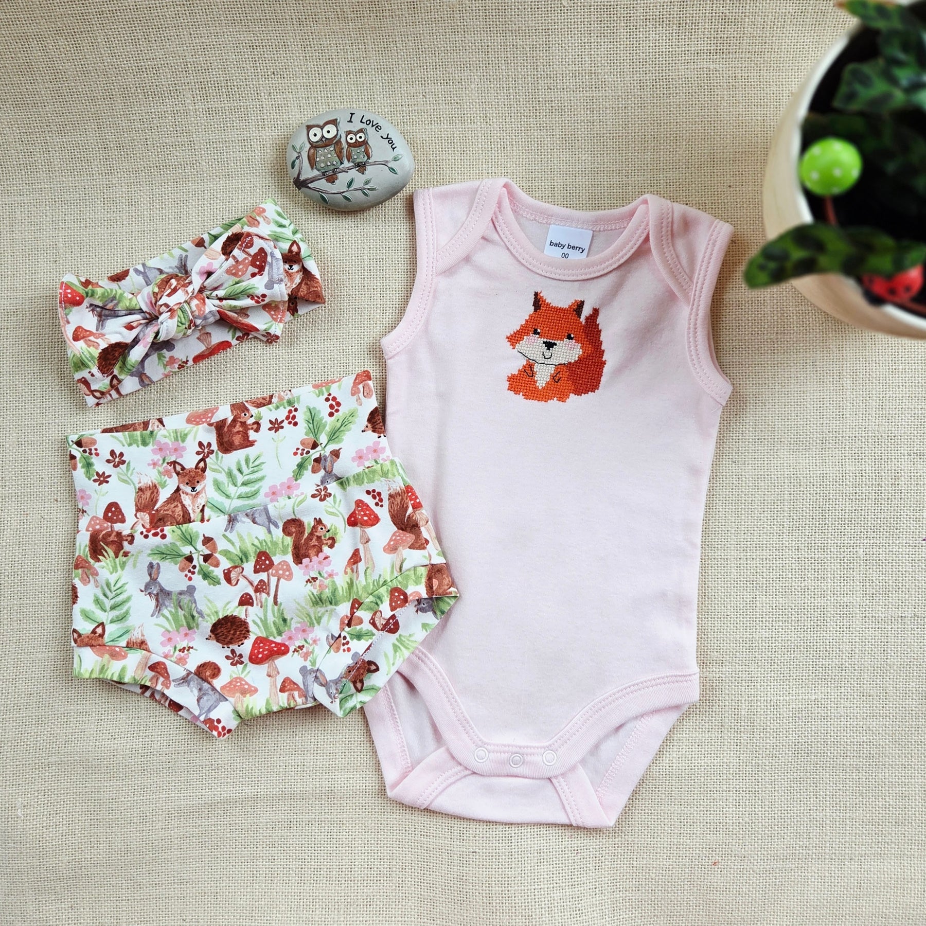 "Woodland Friends" Onesie, Bummies & Head Bow - Size 3-6 Months
