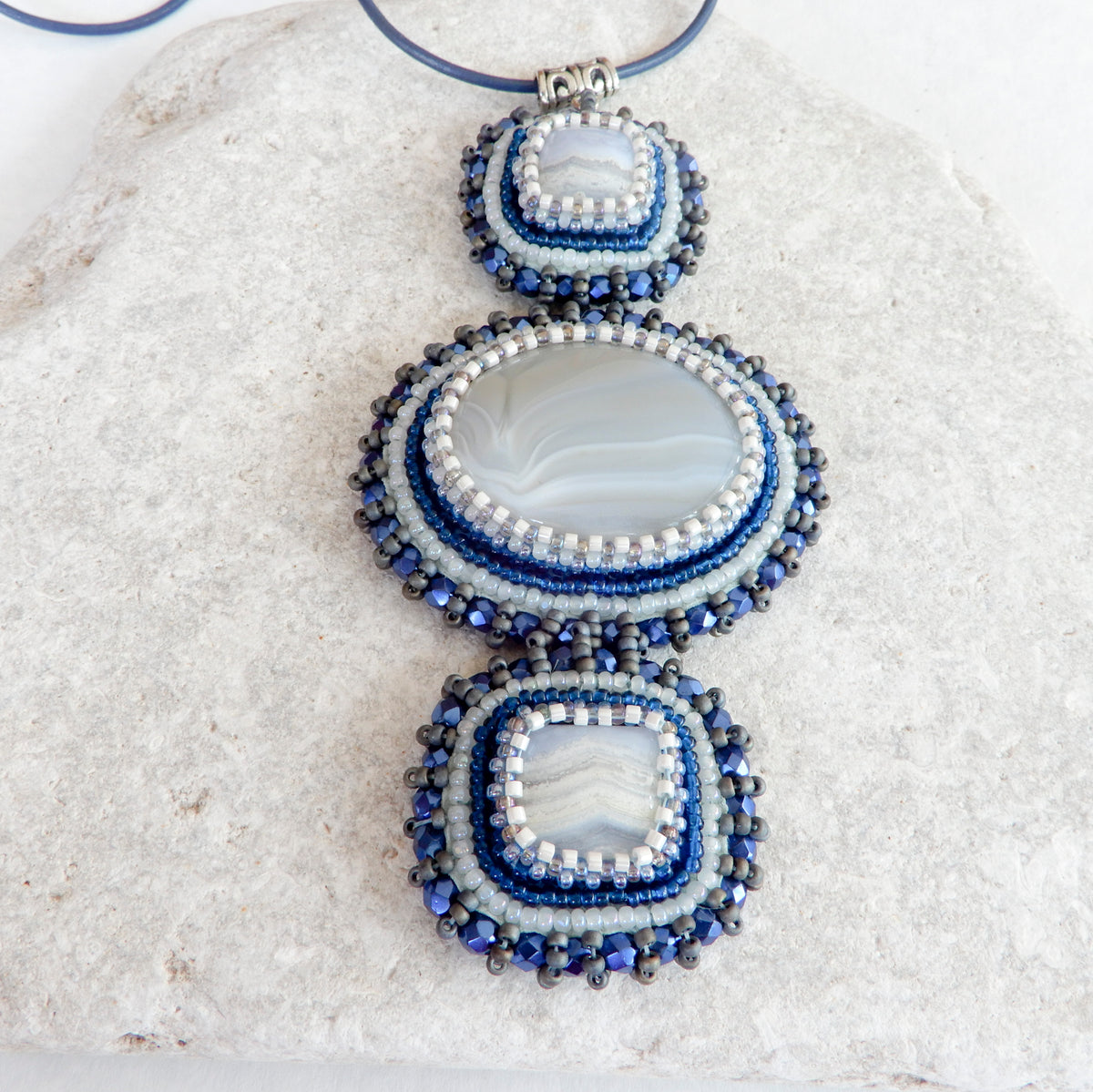 Bead Embroidered Lace Agate Gemstone Pendant