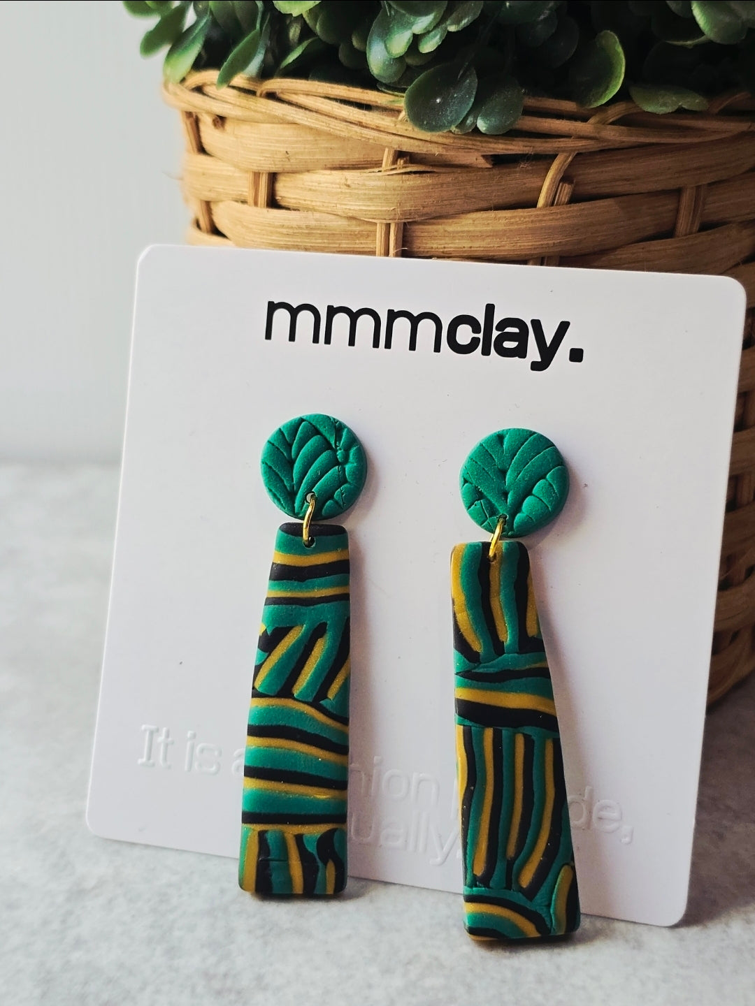 Black and Green Striped Polymer Clay Drop Earrings