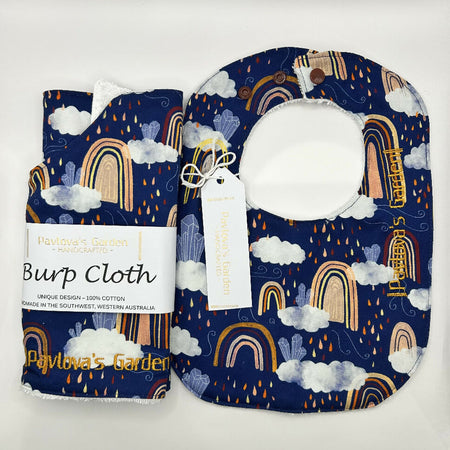 Bib & Burp Cloth Set - Rainbows on Blue