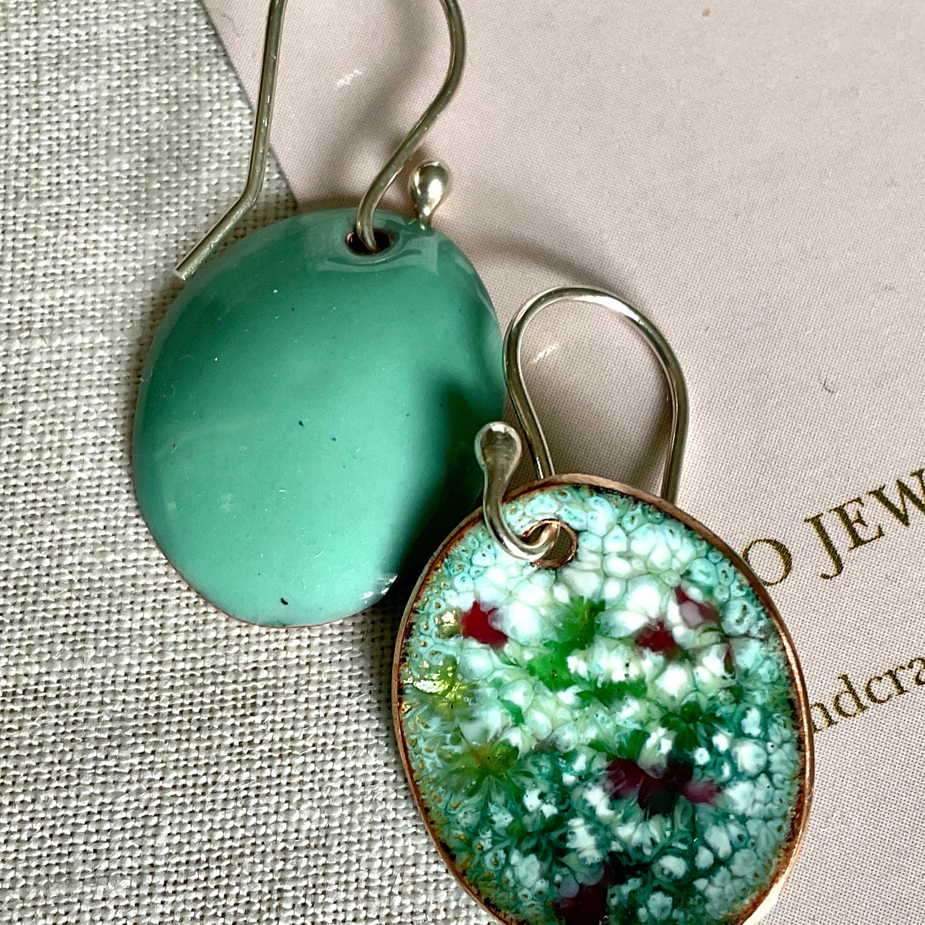 Green oval abstract enamel earrings. Handmade