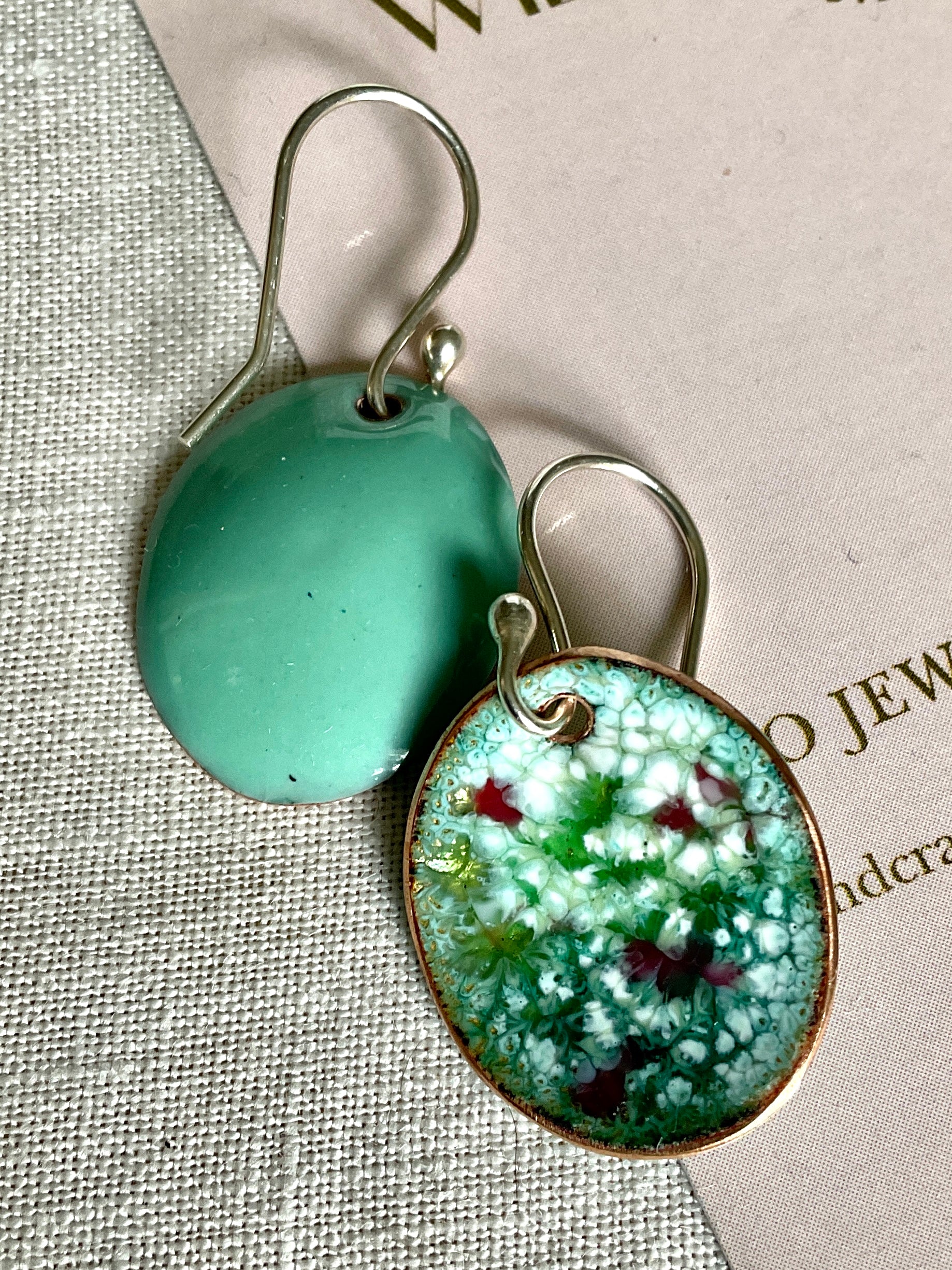Green oval abstract enamel earrings. Handmade