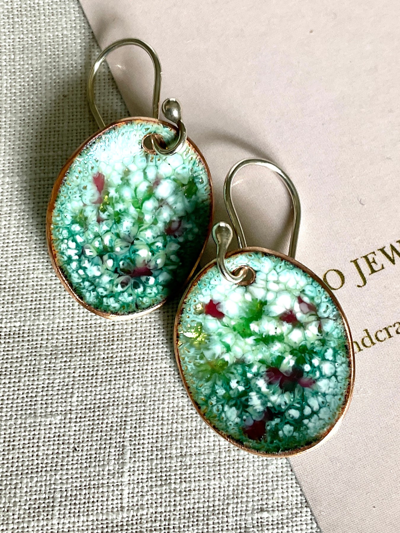 Green oval abstract enamel earrings. Handmade
