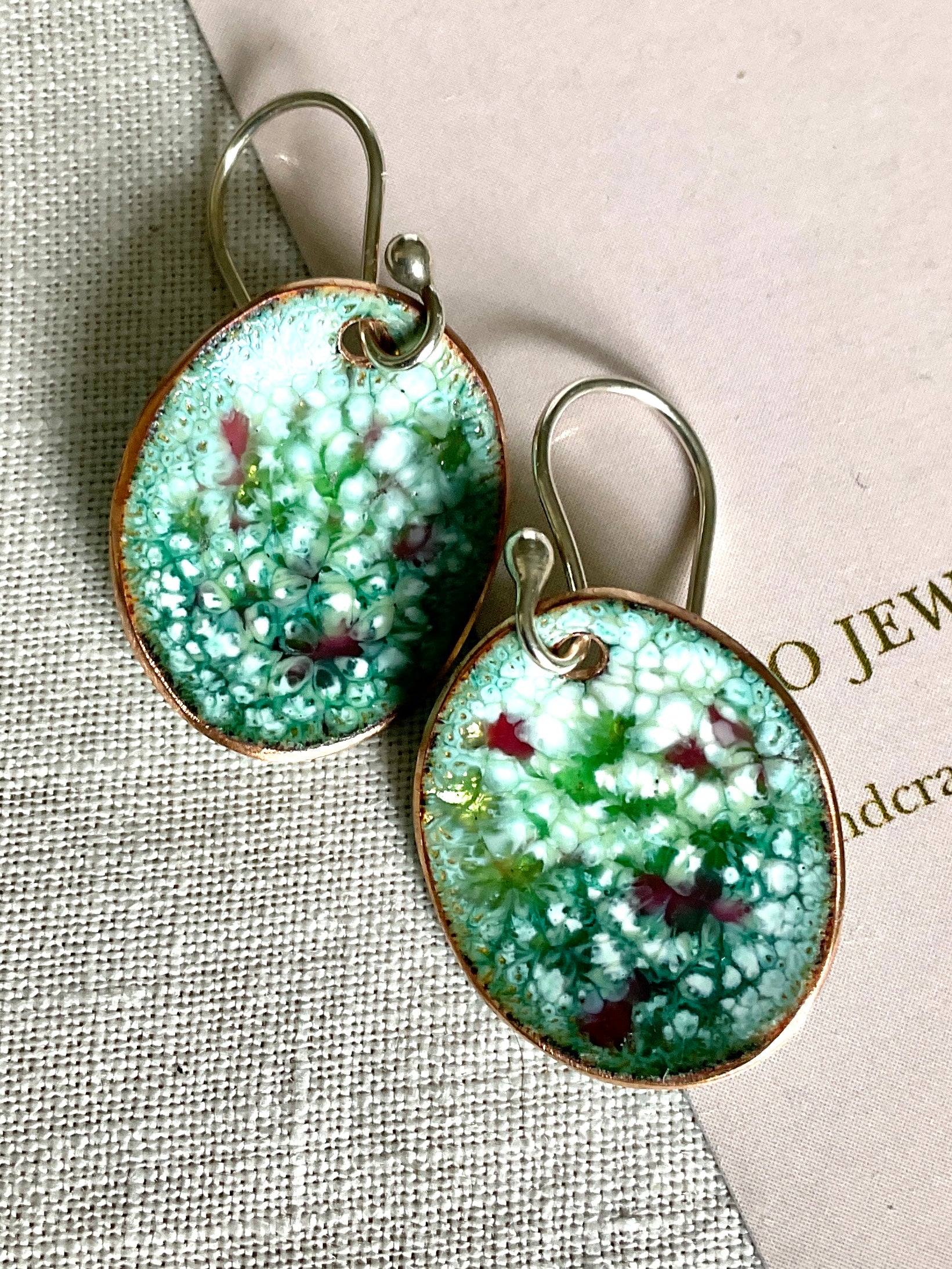 Green oval abstract enamel earrings. Handmade