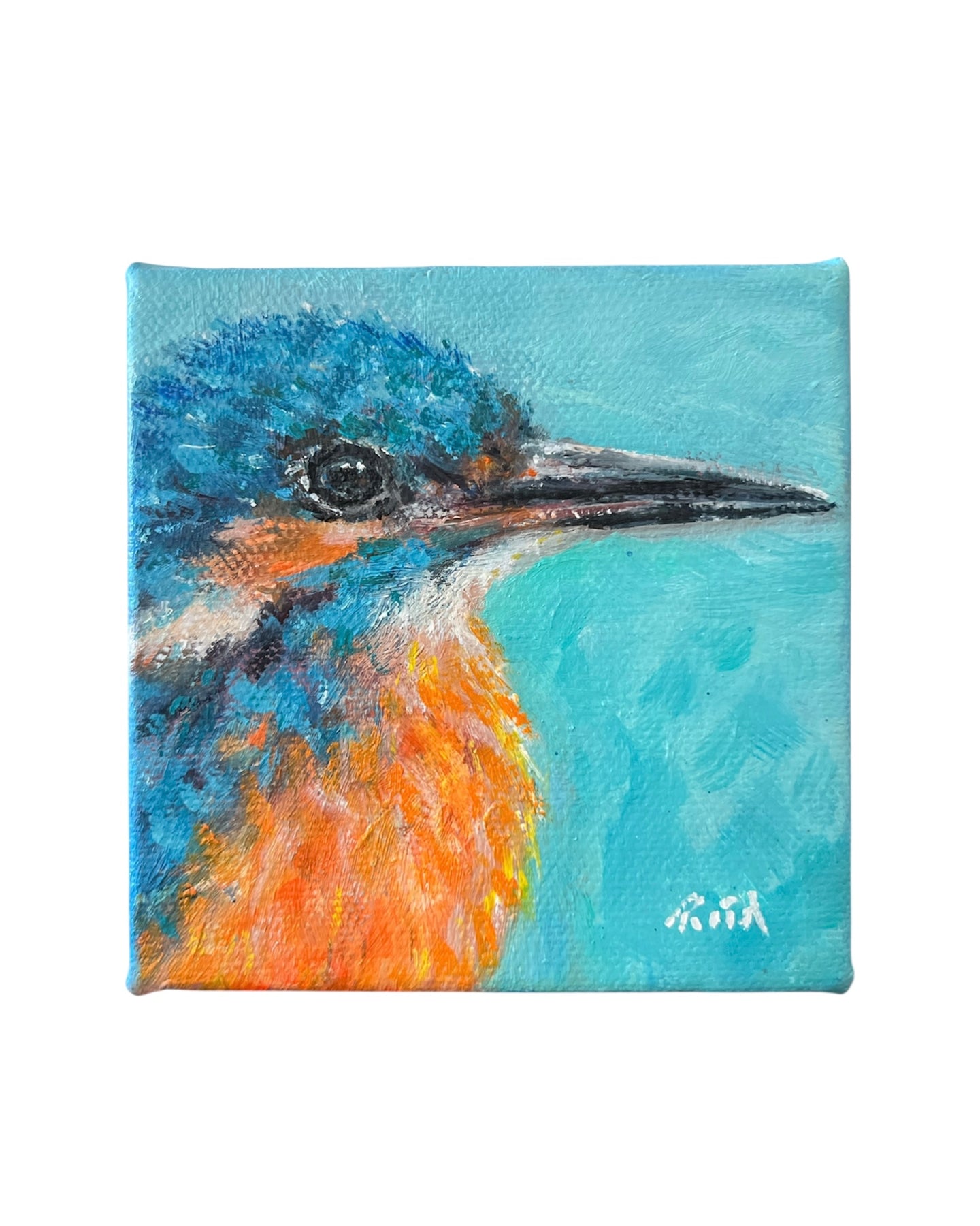 Original Kingfisher Oil Painting - 4x4" Small Bird Art